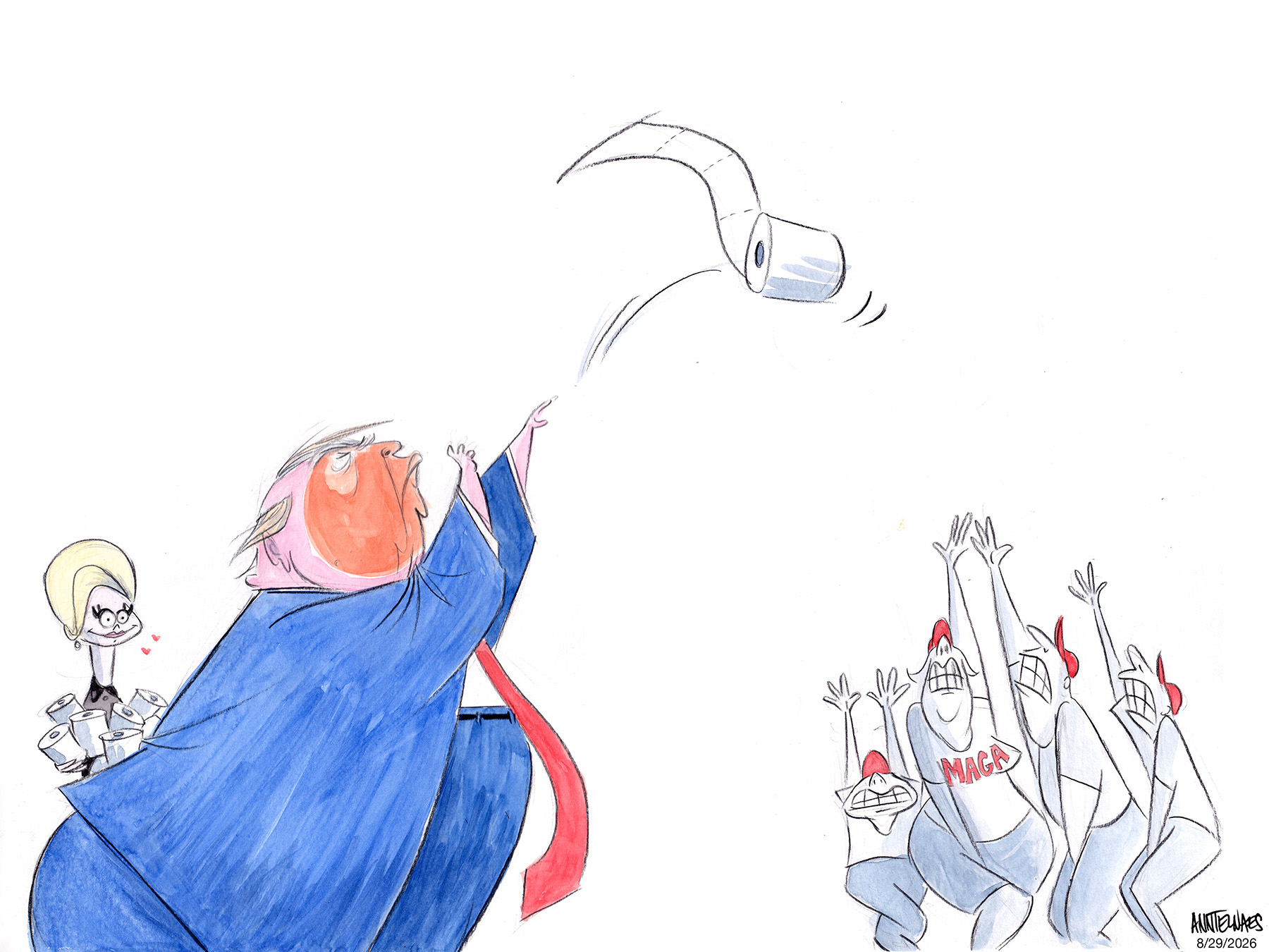Political cartoon by Ann Telnaes, “Trump and toilet paper”, 2026-08-29.