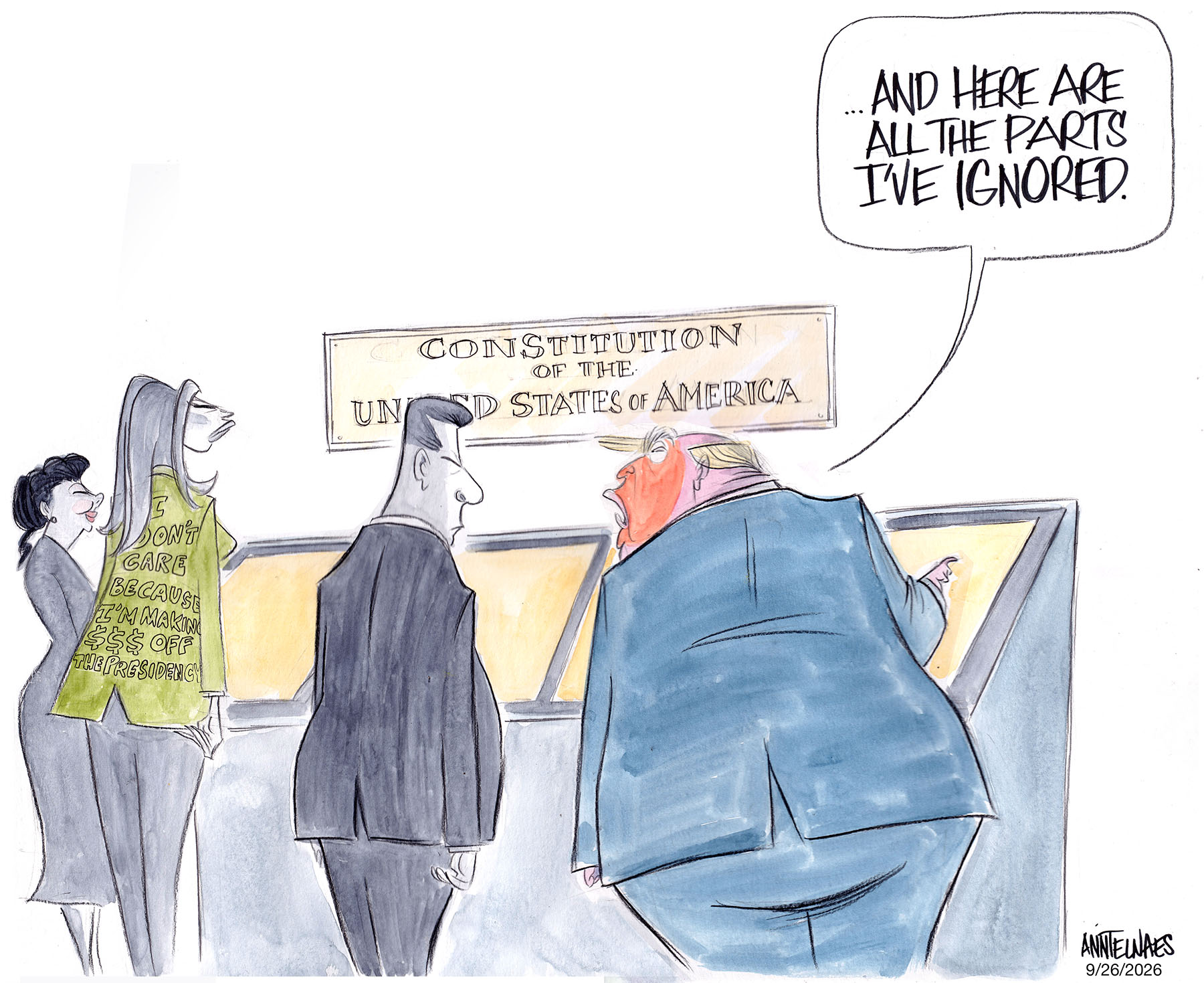 Political cartoon by Ann Telnaes, “Trump and Xi Jinping visit the National Archives”, 2026-09-27.
