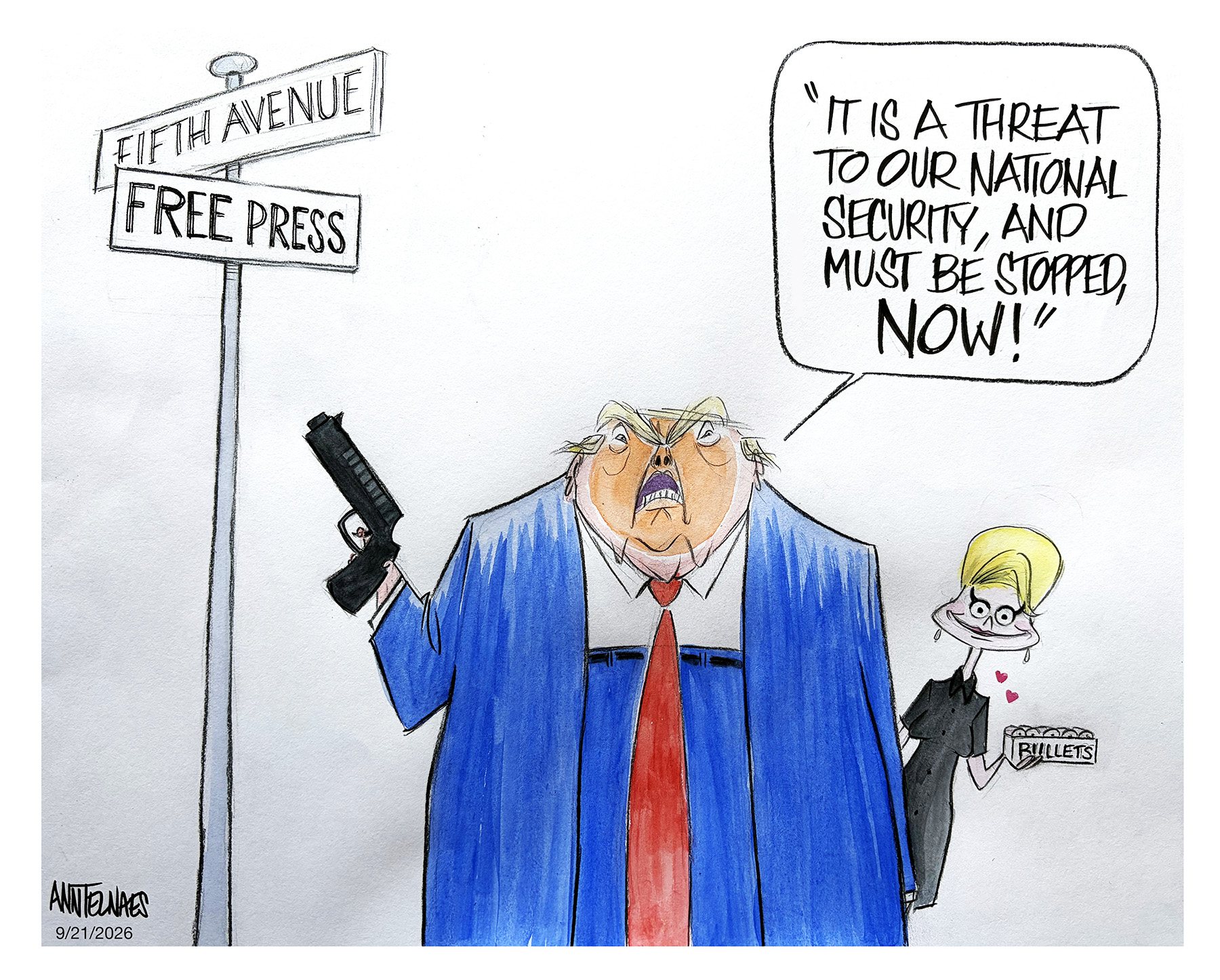Political cartoon by Ann Telnaes, “Trump bans CNN, MS NOW, and Politico from White House”, 2026-09-21.