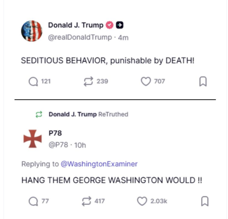 Political cartoon by Ann Telnaes, “Trump calls for the execution of 6 Democrats”, 2025-11-21.