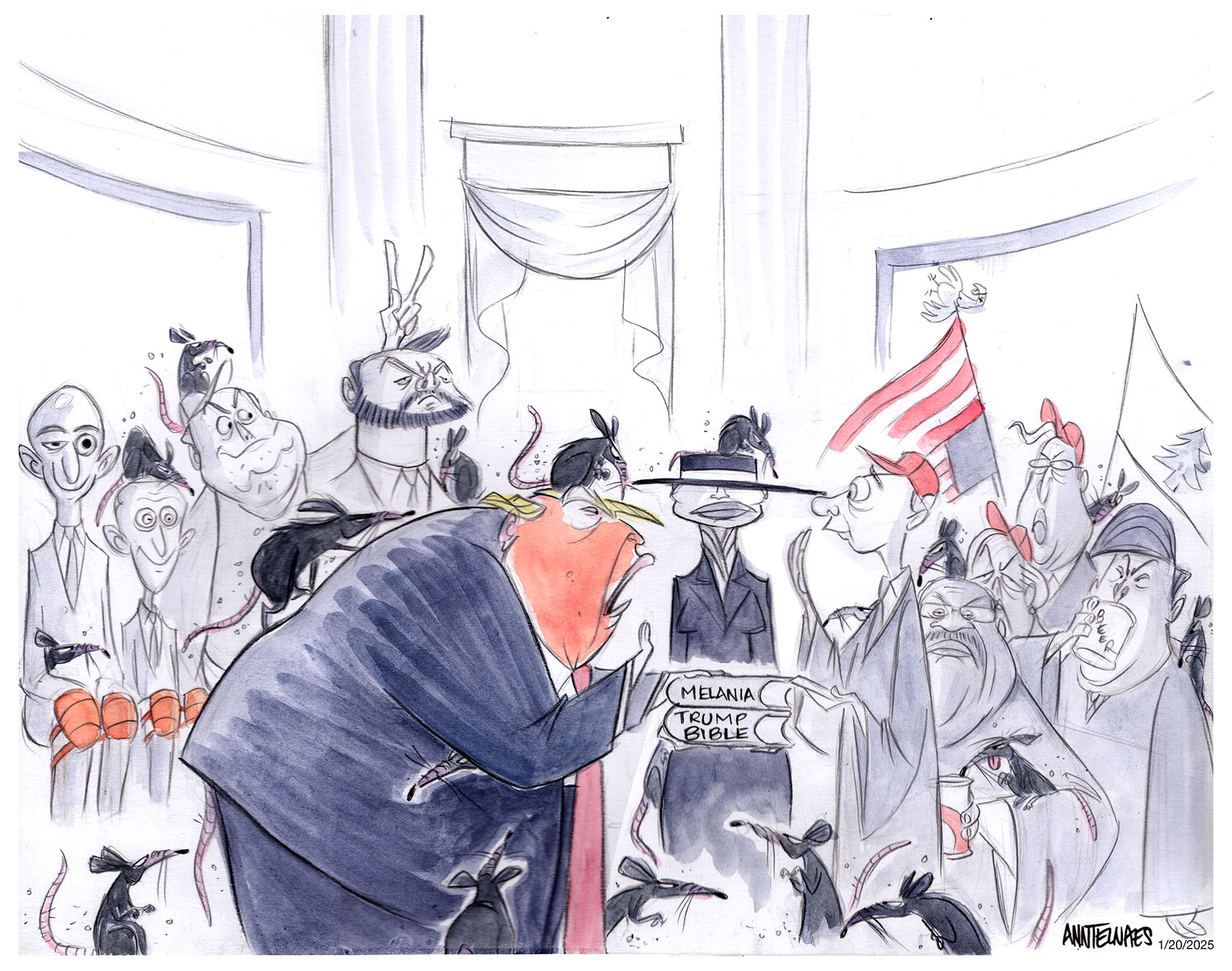 Political cartoon by Ann Telnaes, “Trump is now president again”, 2025-01-20.