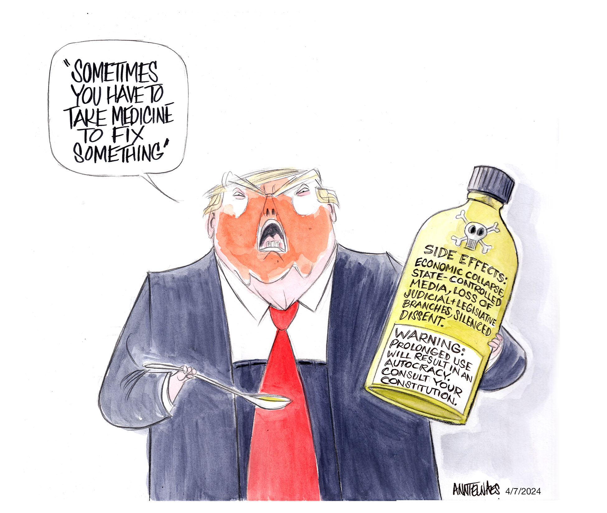 Political cartoon by Ann Telnaes, “Trump medicine”, 2025-04-07.
