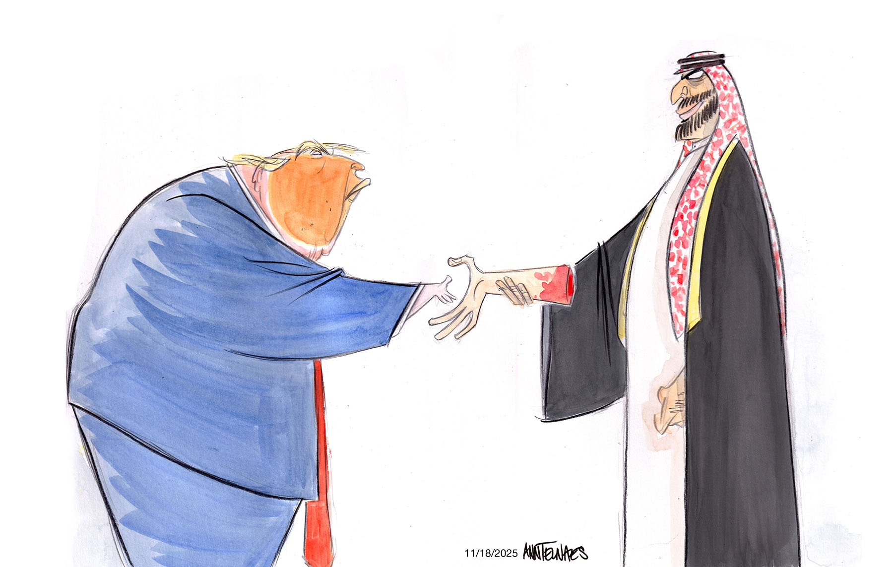 Political cartoon by Ann Telnaes, “Trump meets with Saudi Prince Mohammed bin Salam”, 2025-11-18.