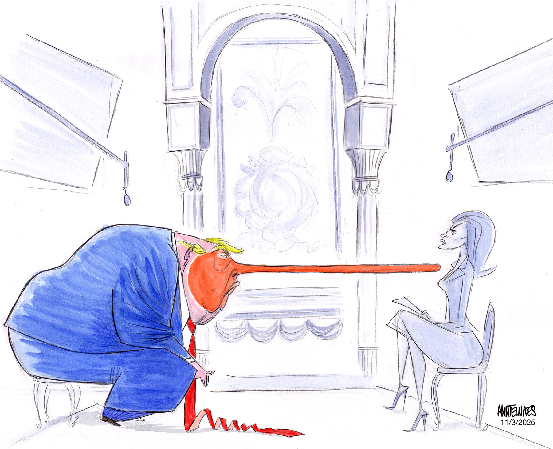 Political cartoon by Ann Telnaes, “Trump on 60 Minutes”, 2025-11-04.