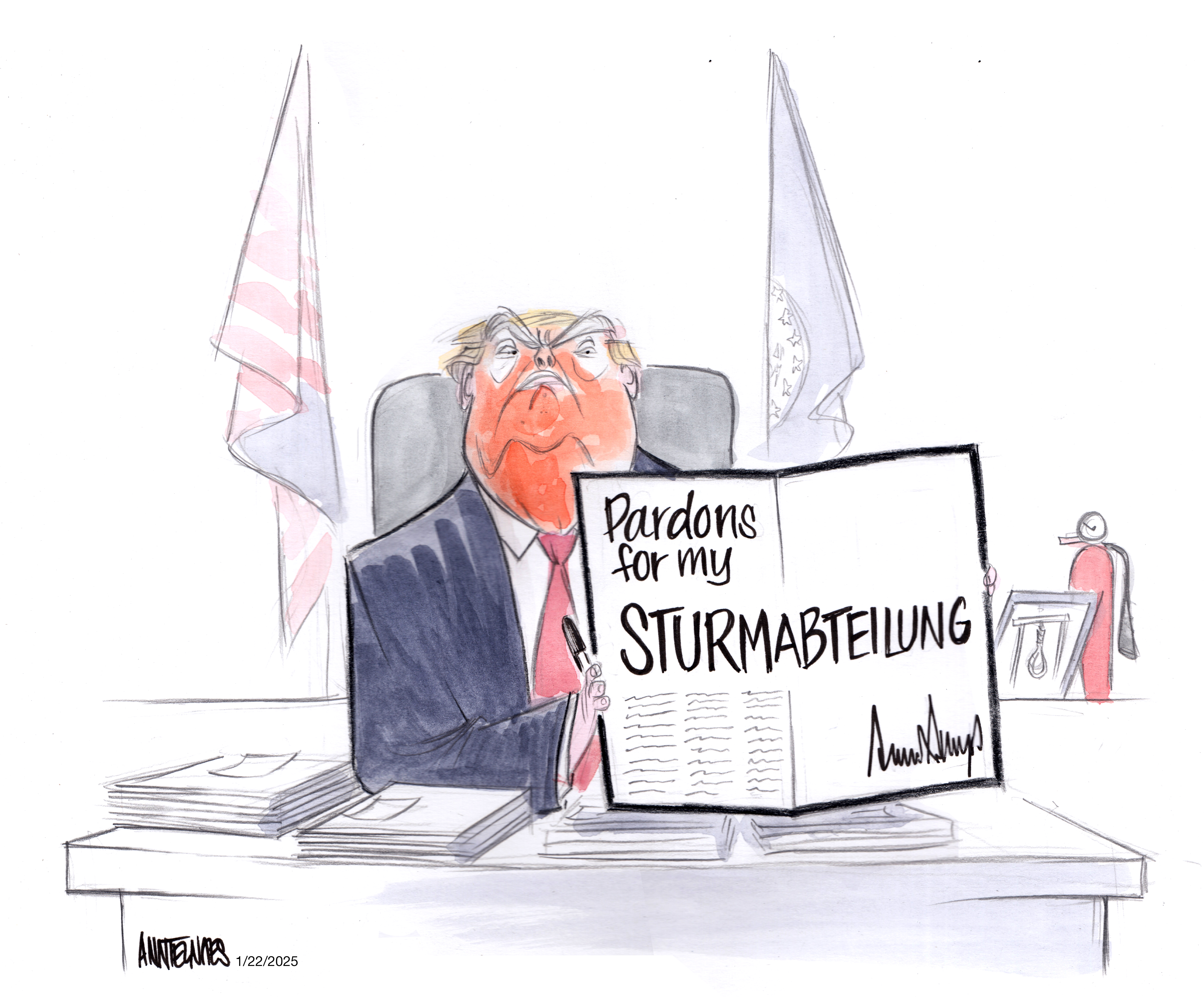 Political cartoon by Ann Telnaes, “Trump pardons the Jan. 6th rioters”, 2025-01-22.