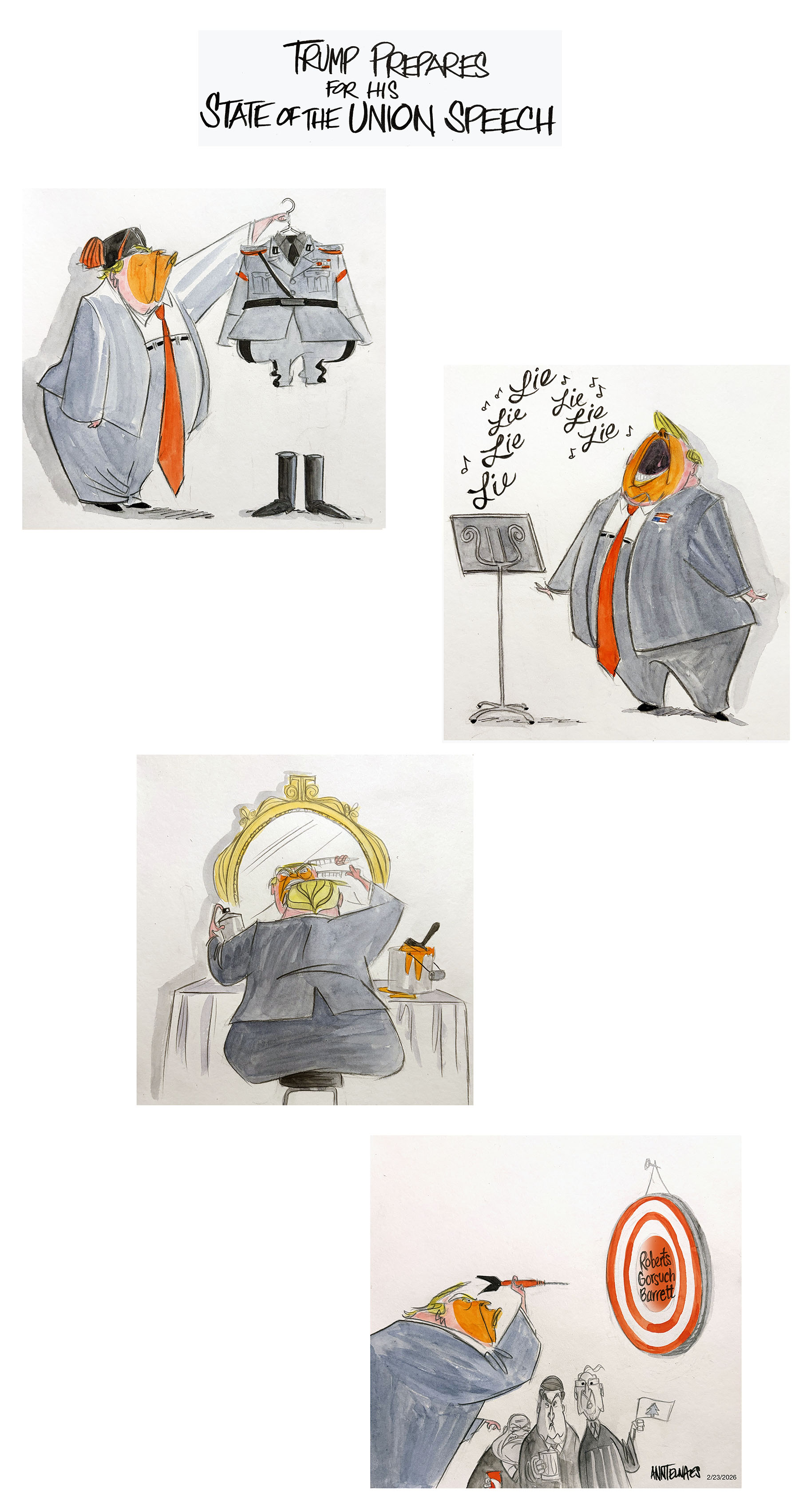 Political cartoon by Ann Telnaes, “Trump prepares for his State of the Union speech”, 2026-02-24.