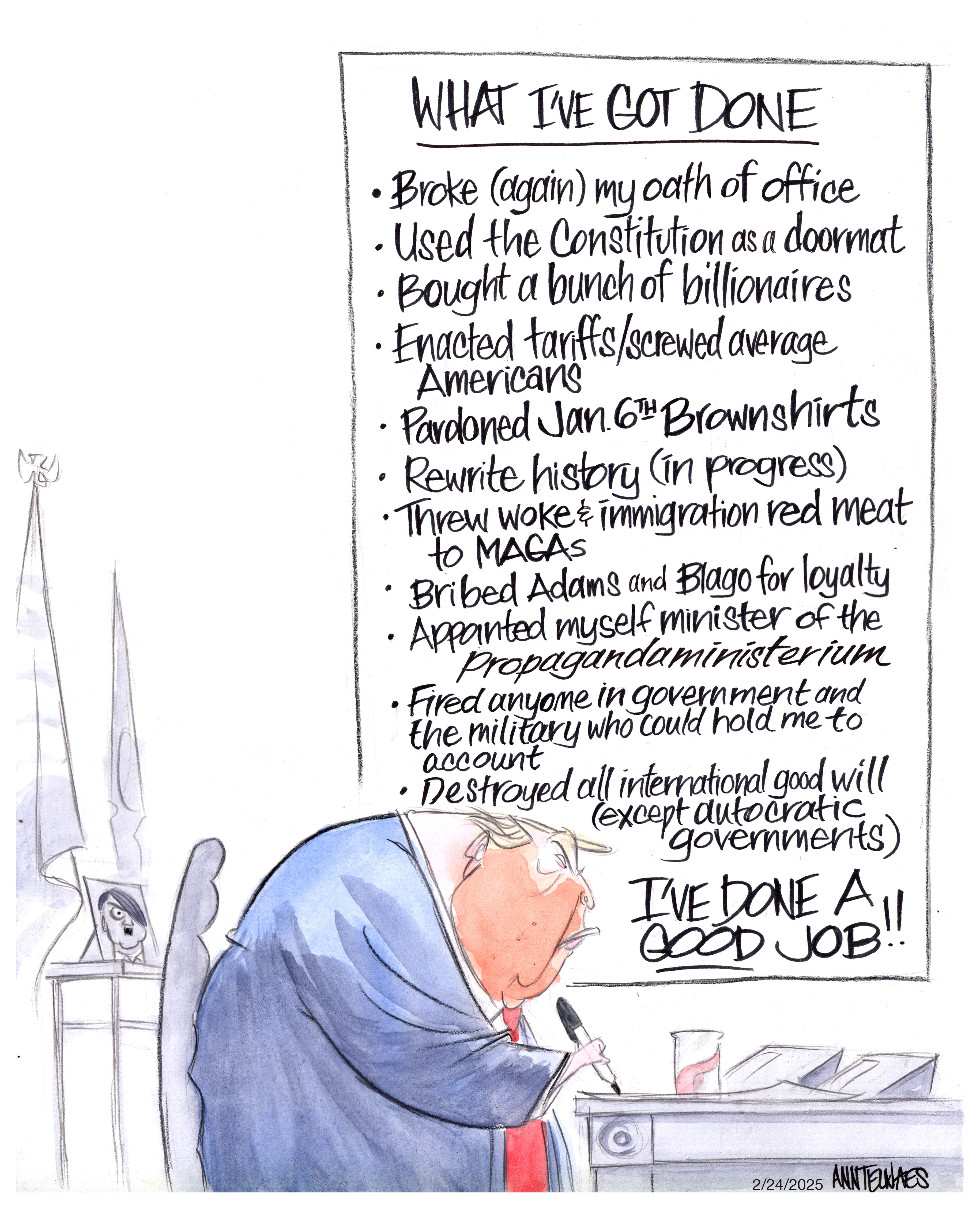Political cartoon by Ann Telnaes, “Trump responds to Musk email”, 2025-02-24.