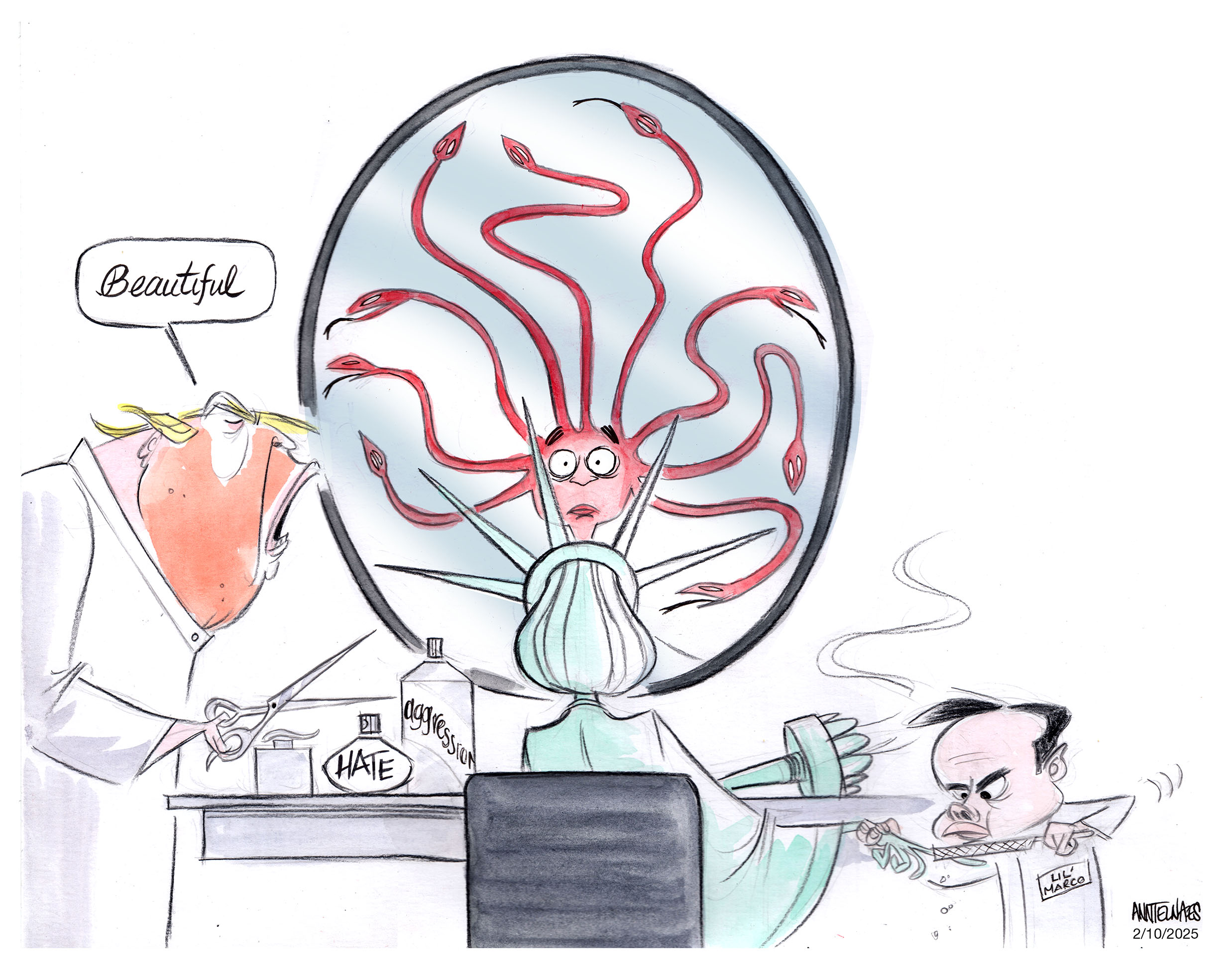 Political cartoon by Ann Telnaes, “Trump's America is an ugly look”, 2025-02-10.