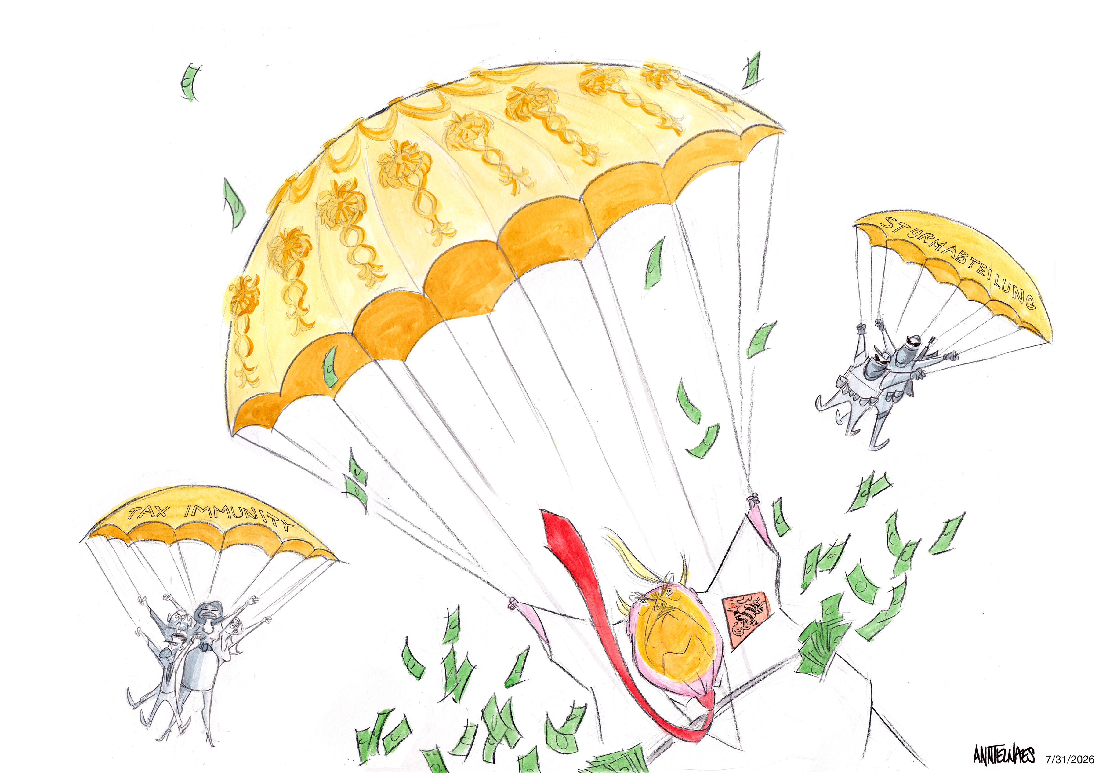 Political cartoon by Ann Telnaes, “Trump's golden parachute”, 2026-08-01.
