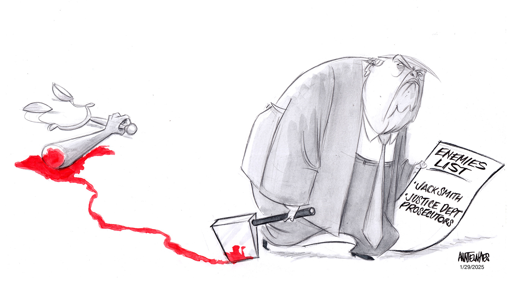 Political cartoon by Ann Telnaes, “Trump's vengeance tour”, 2025-01-30.