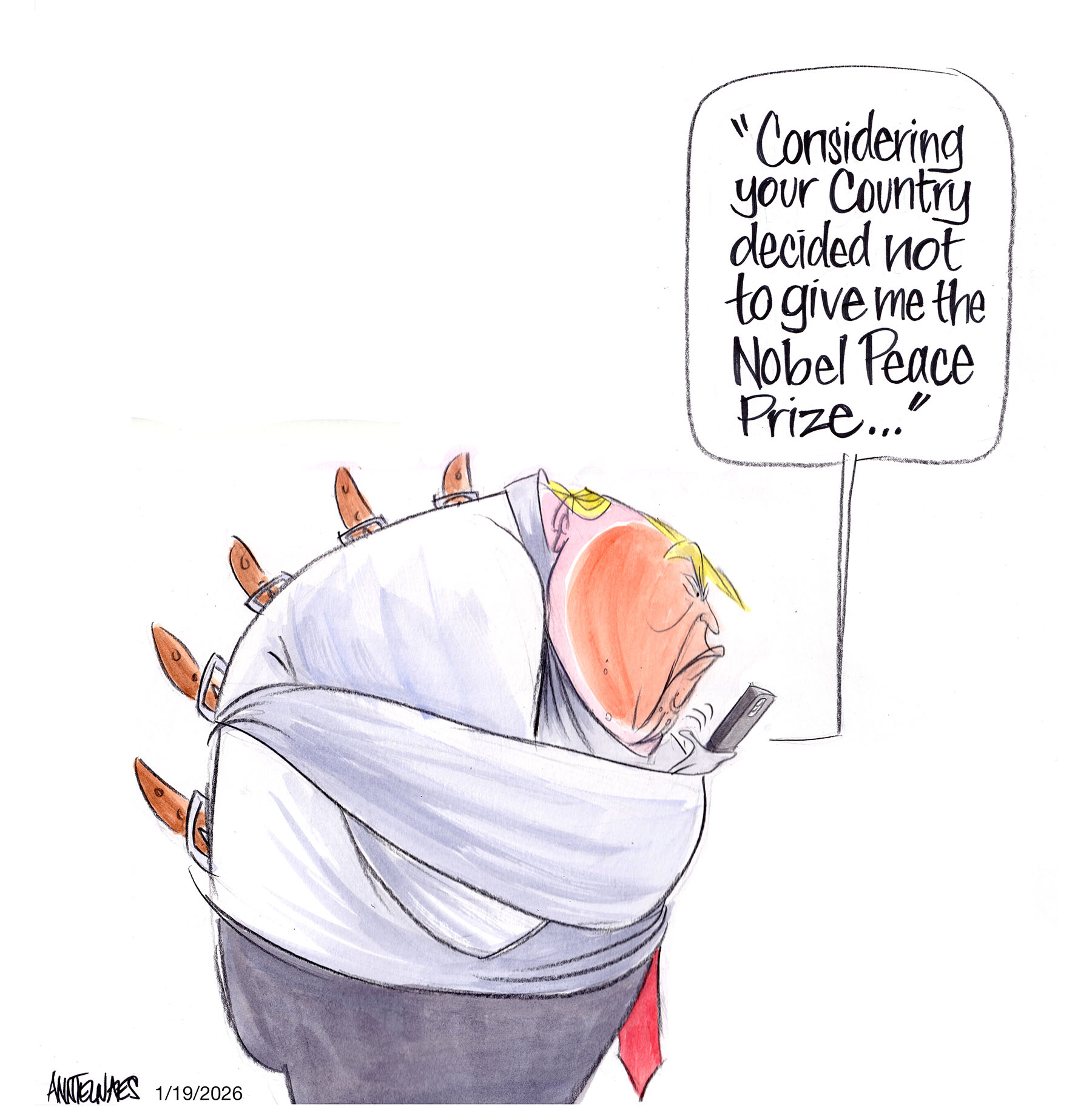 Political cartoon by Ann Telnaes, “Trump texts Norway's PM linking Nobel snub to Greenland”, 2026-01-19.