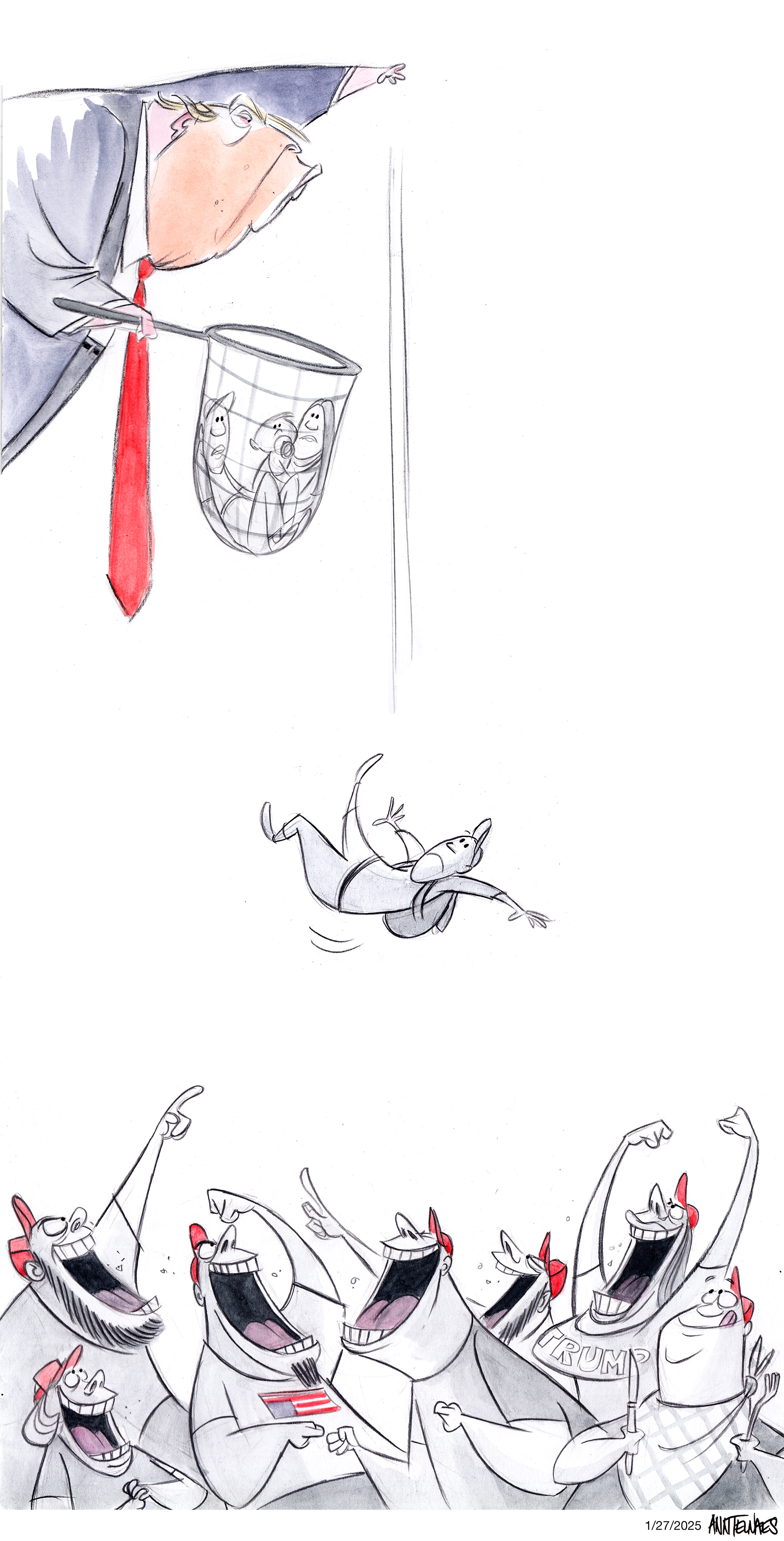 Political cartoon by Ann Telnaes, “Trump tosses red meat”, 2025-01-28.