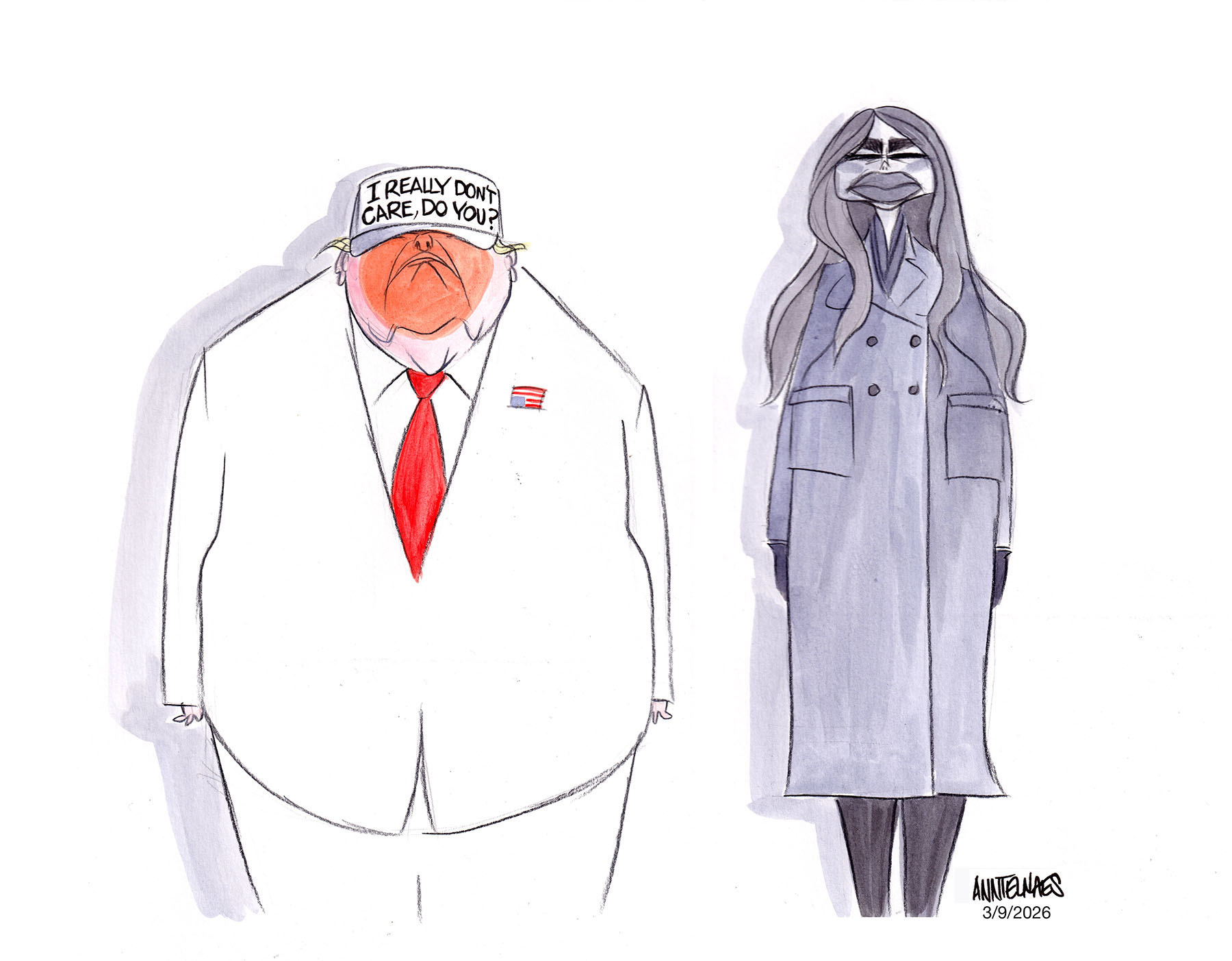 Political cartoon by Ann Telnaes, “Trump wears a baseball cap at Dover Air Force Base”, 2026-03-09.