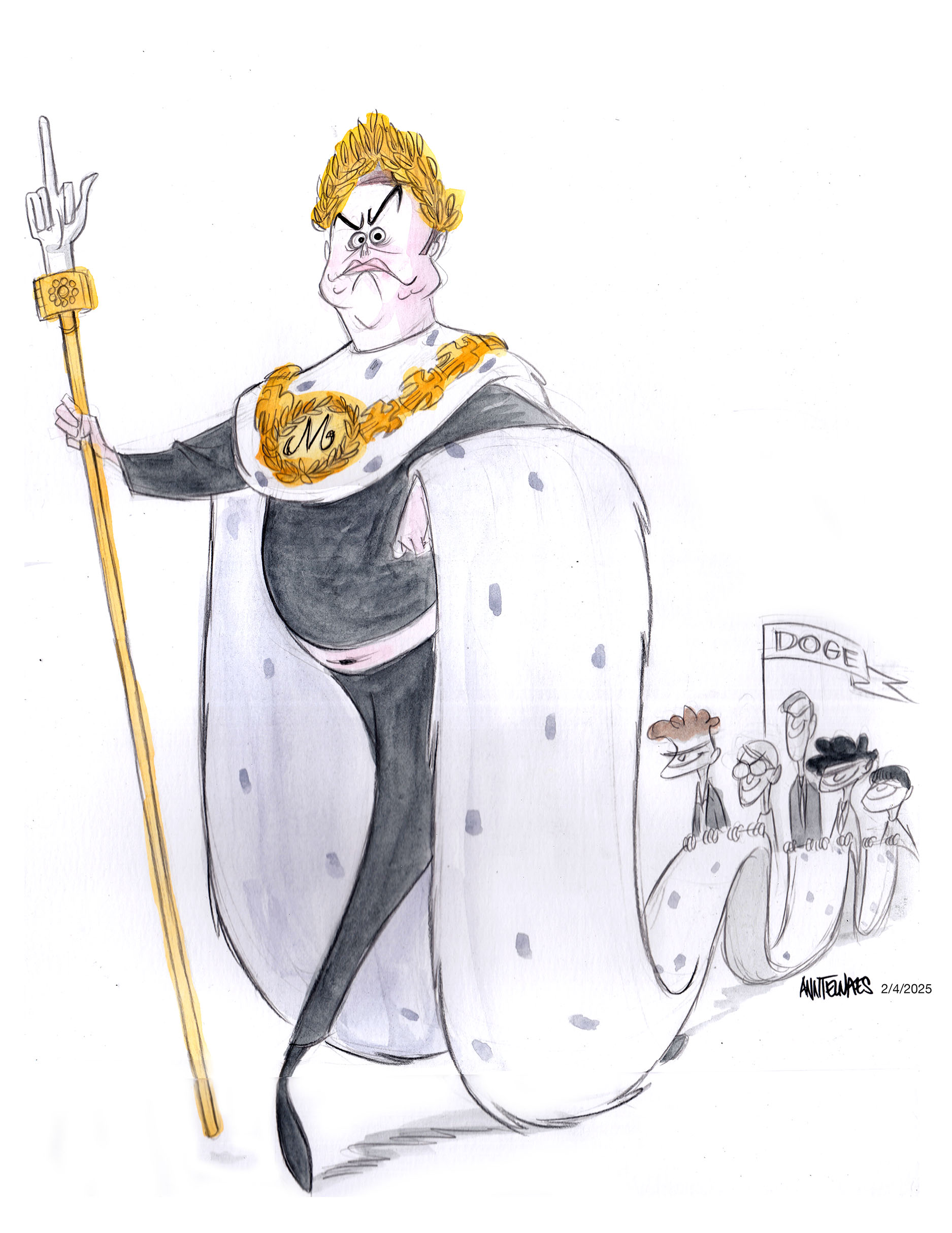 Political cartoon by Ann Telnaes, “Unelected, egomaniac Elon Musk”, 2025-02-04.