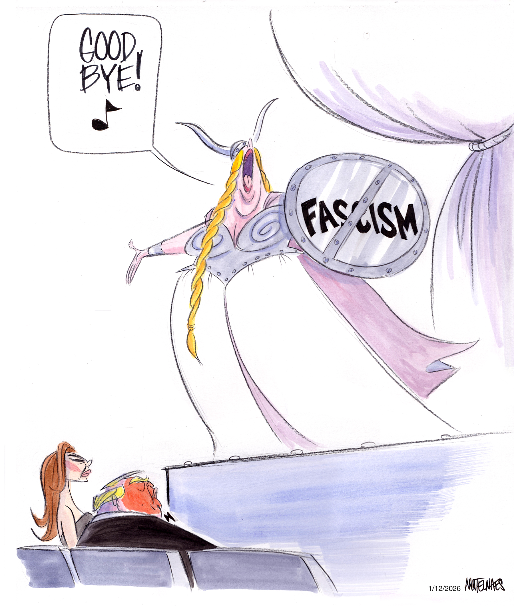 Political cartoon by Ann Telnaes, “Washington National Opera leaves Kennedy Center”, 2026-01-13.