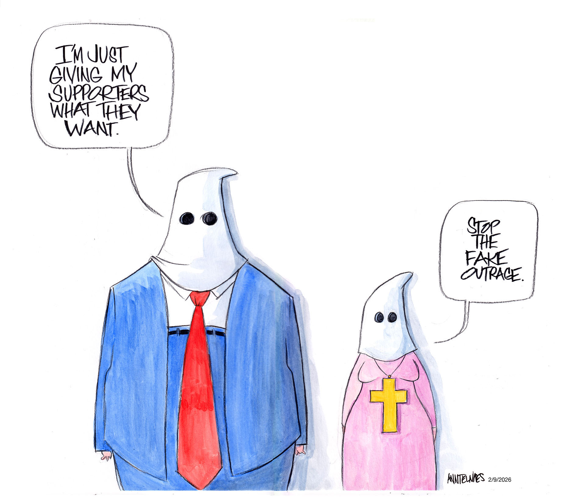 Political cartoon by Ann Telnaes, “We already know Trump is a racist”, 2026-02-09.