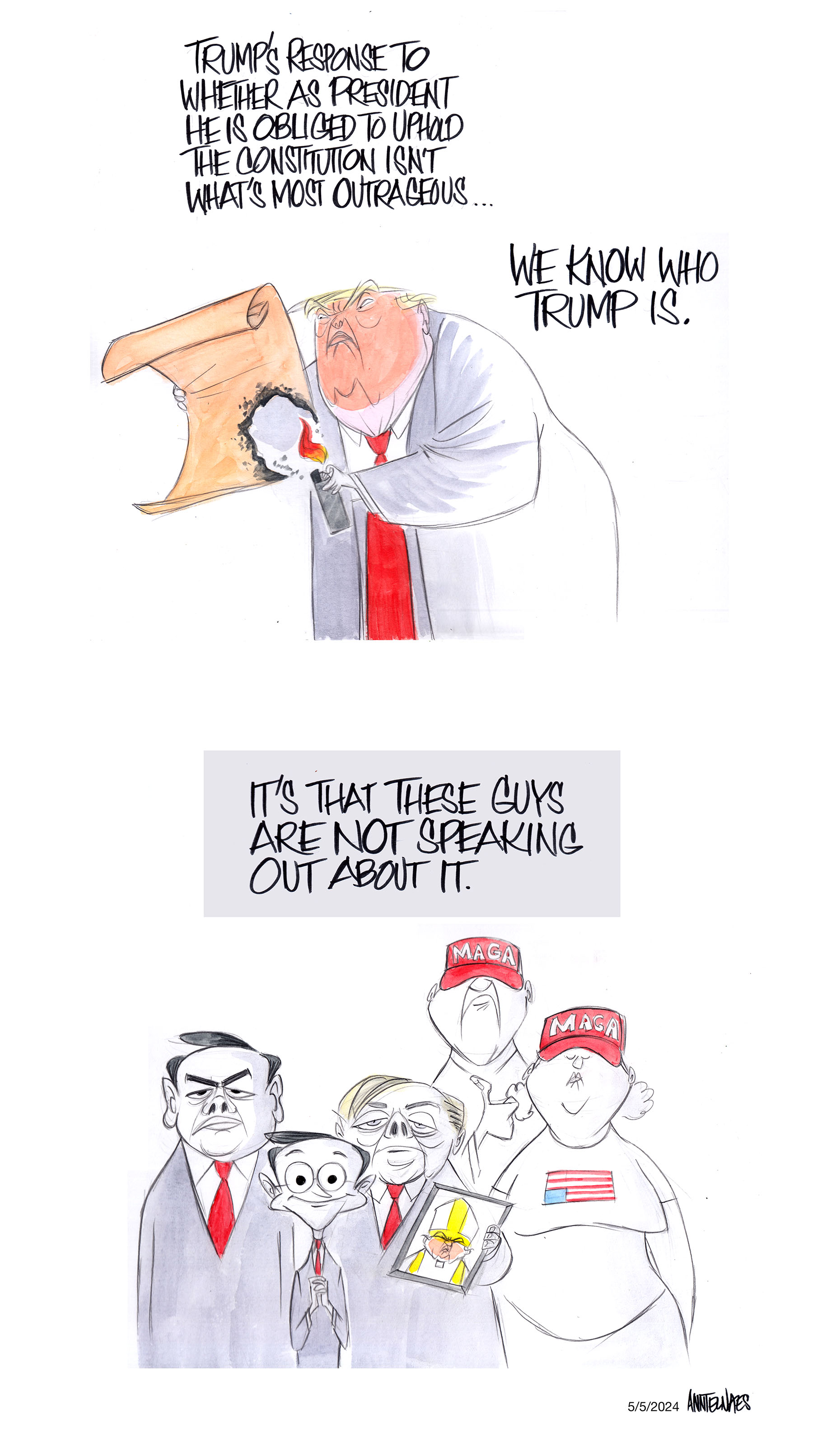 Political cartoon by Ann Telnaes, “We know Trump has no respect for democracy”, 2025-05-05.