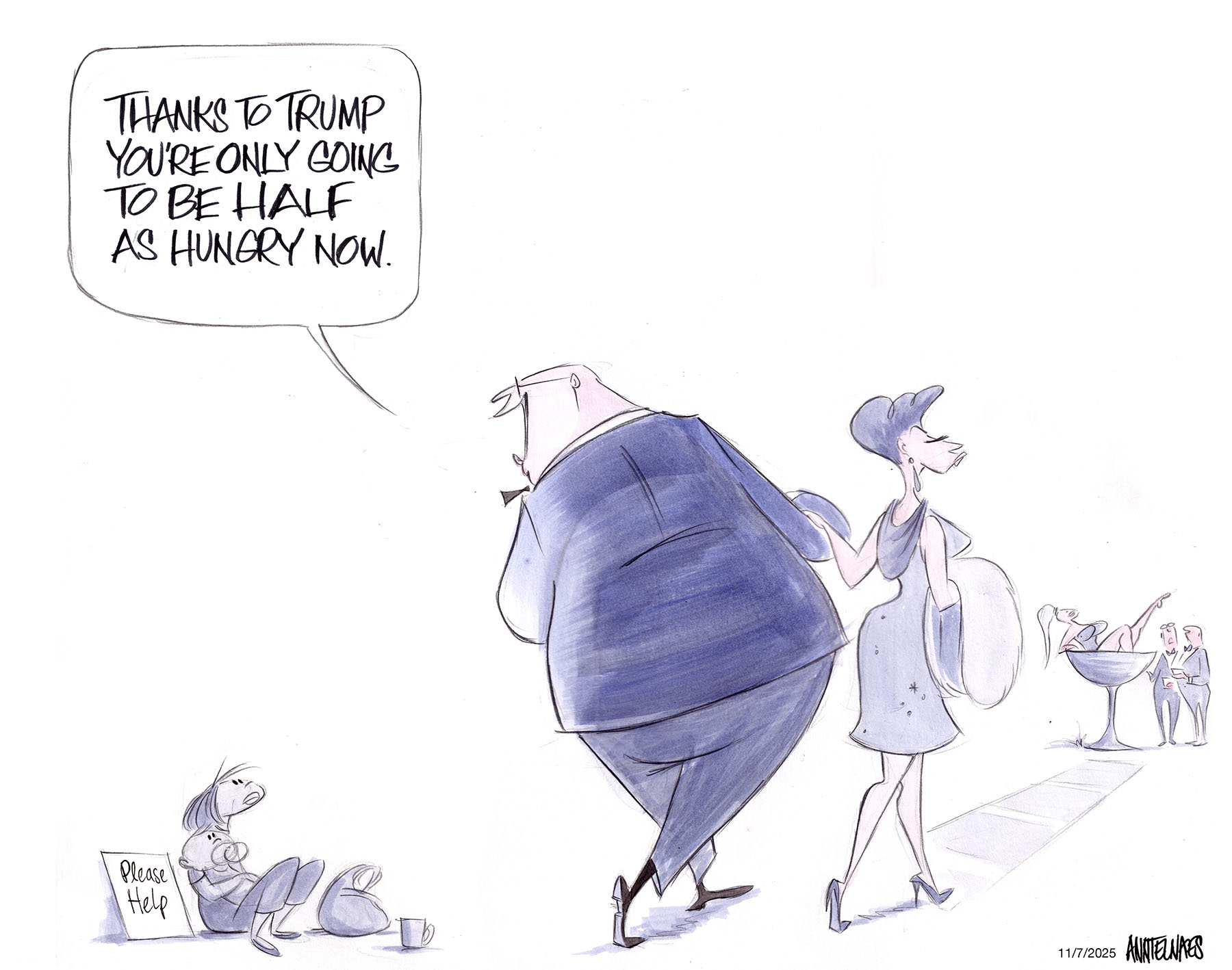 Political cartoon by Ann Telnaes, “While Trump and his cronies party”, 2025-11-07.