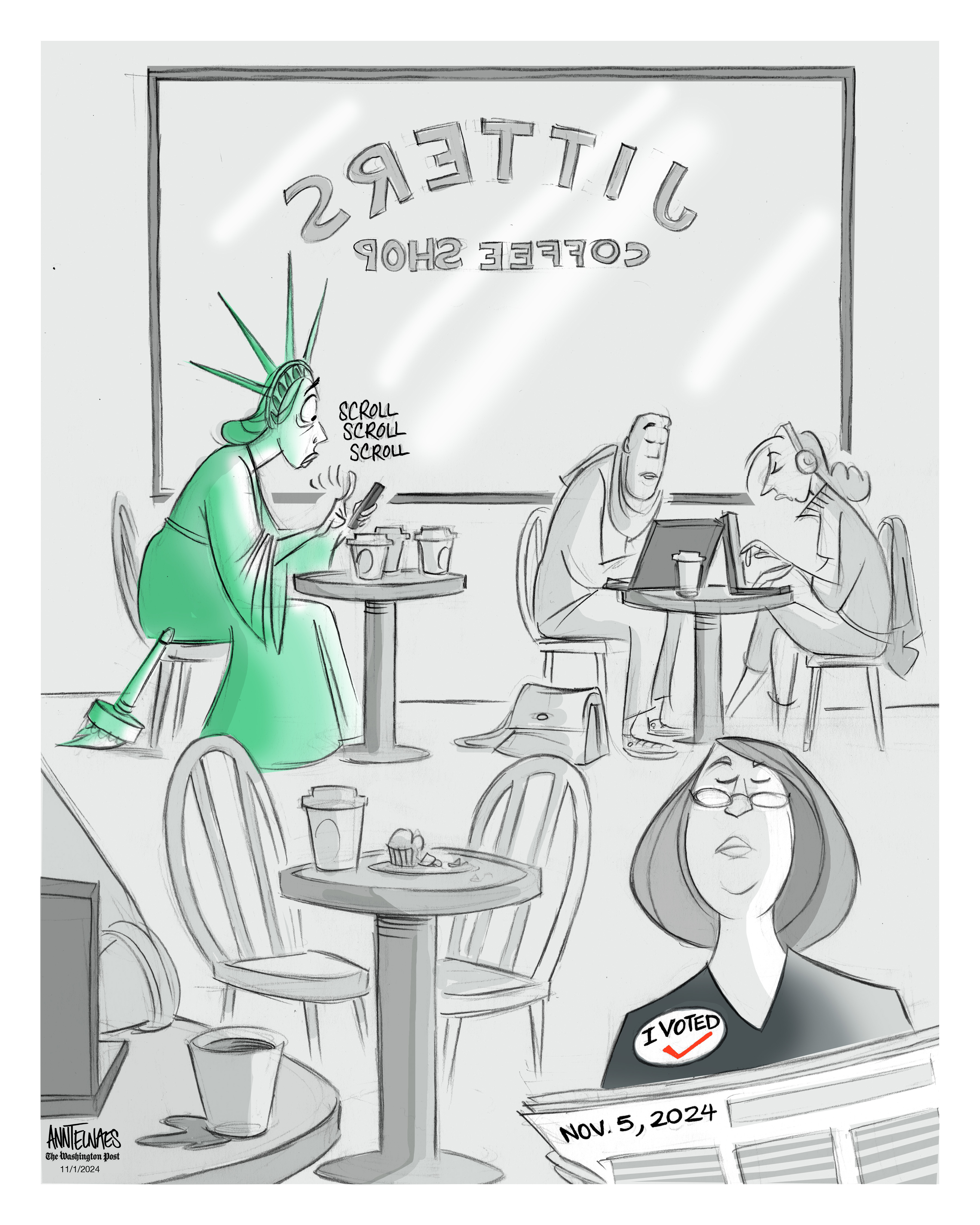 Political cartoon by Ann Telnaes, “Women and the Iowa poll”, 2024-11-03.