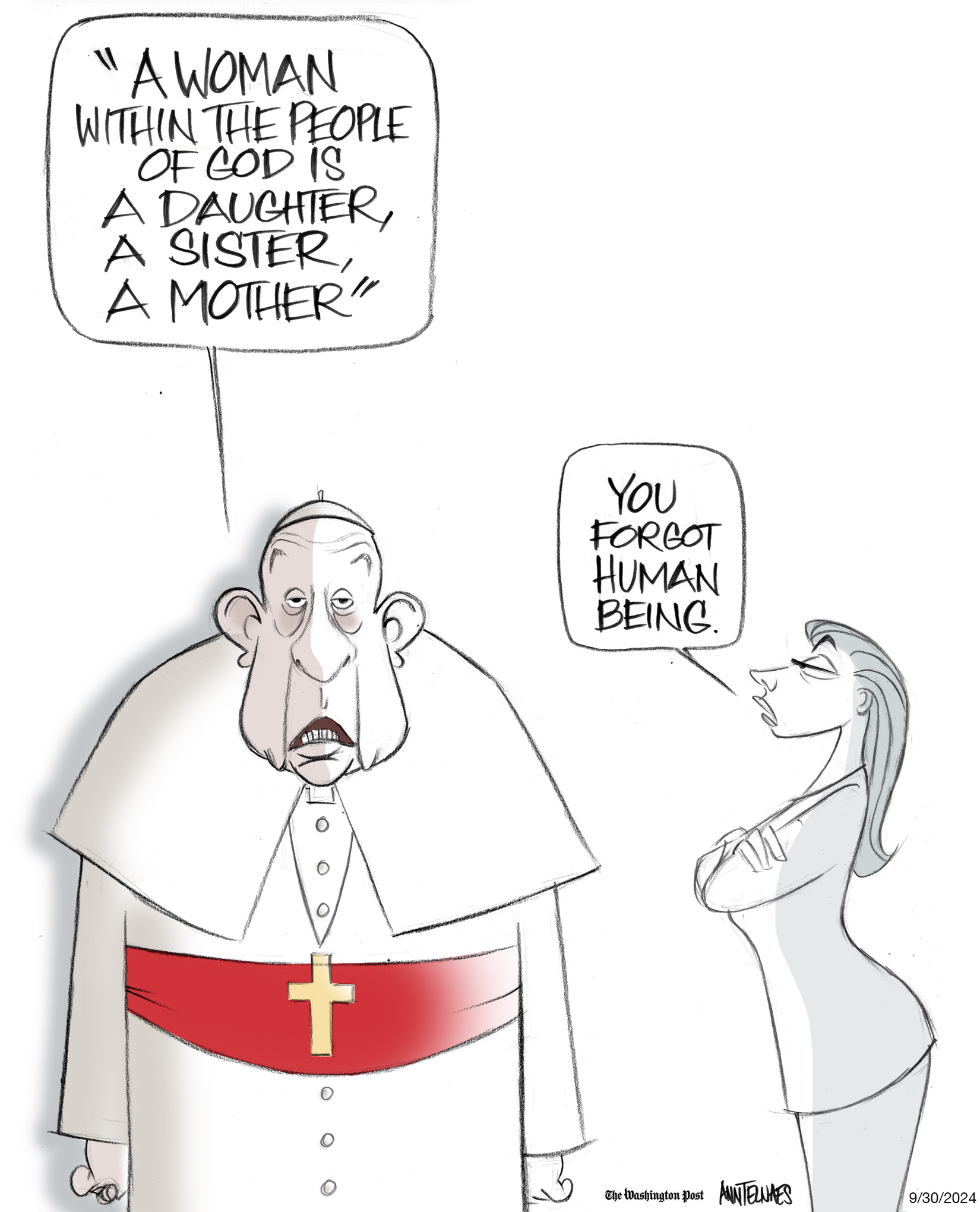 Political cartoon by Ann Telnaes, “Women are people, my friend”, 2024-10-01.