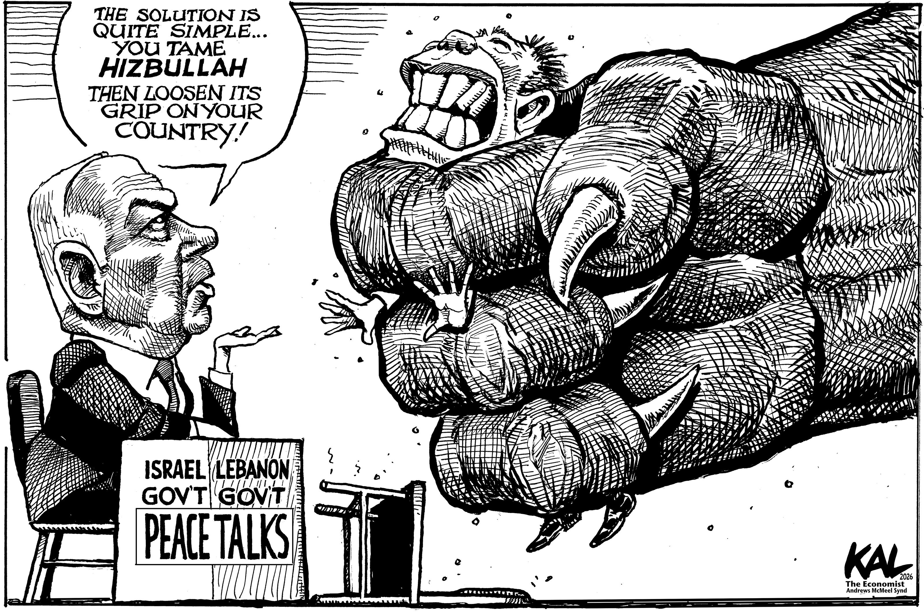 Political cartoon by Kevin Kallaugher, “A Fist in the Face”, 2026-04-21.