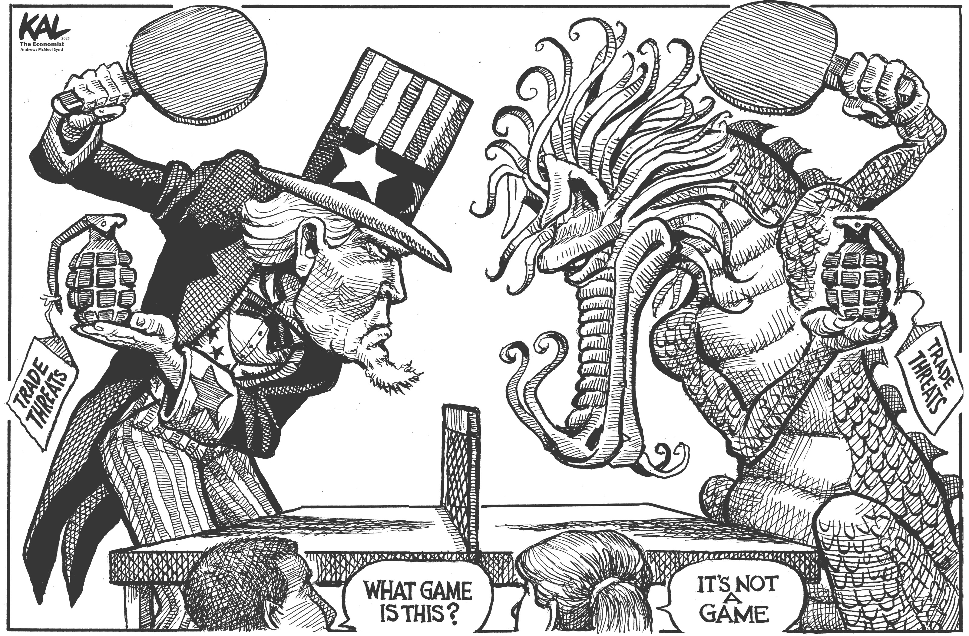 Political cartoon by Kevin Kallaugher, “A Trade of Insults in The Economist”, 2025-10-16.