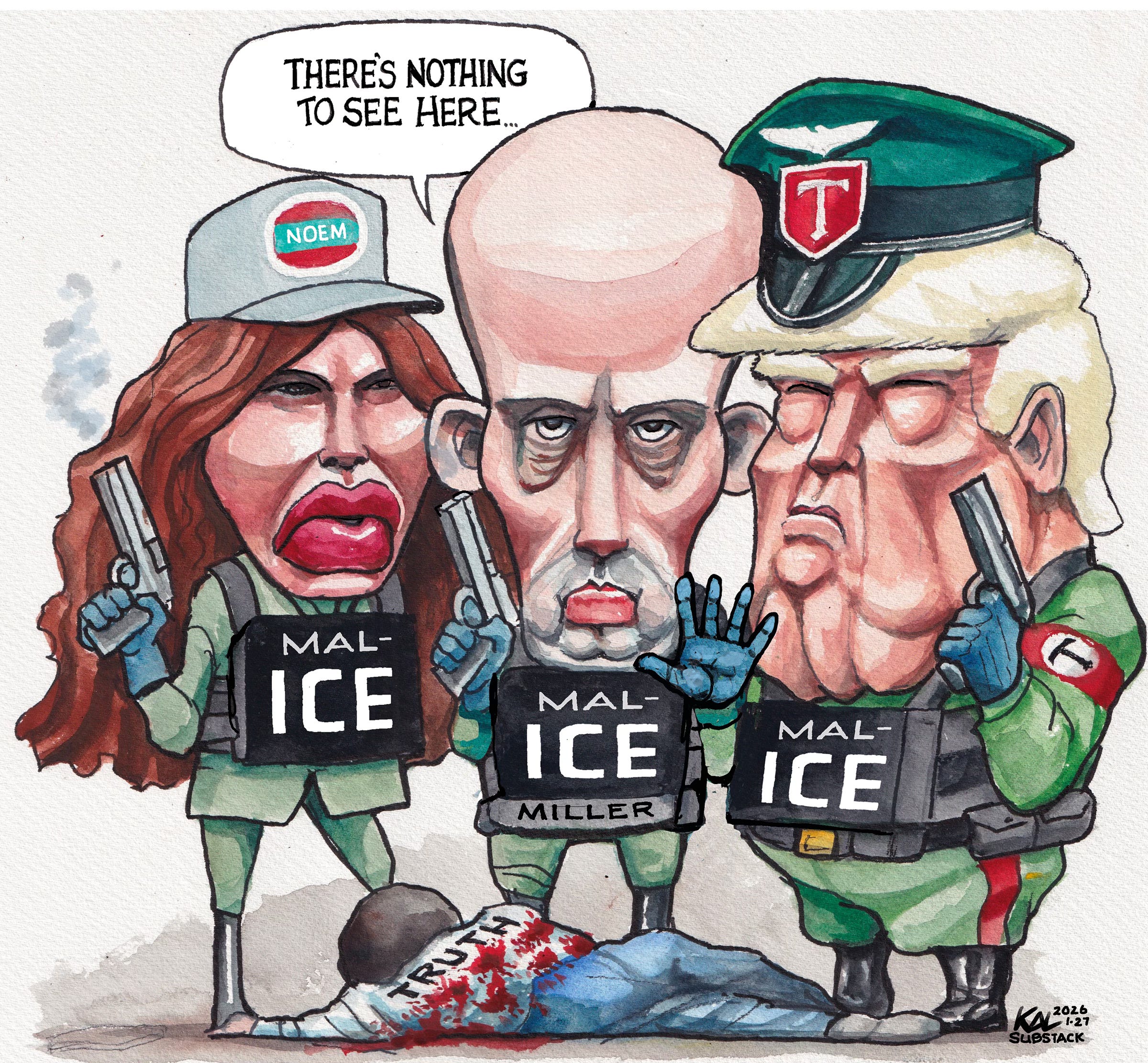 Political cartoon by Kevin Kallaugher, “Are they lying to us again?”, 2026-01-28.