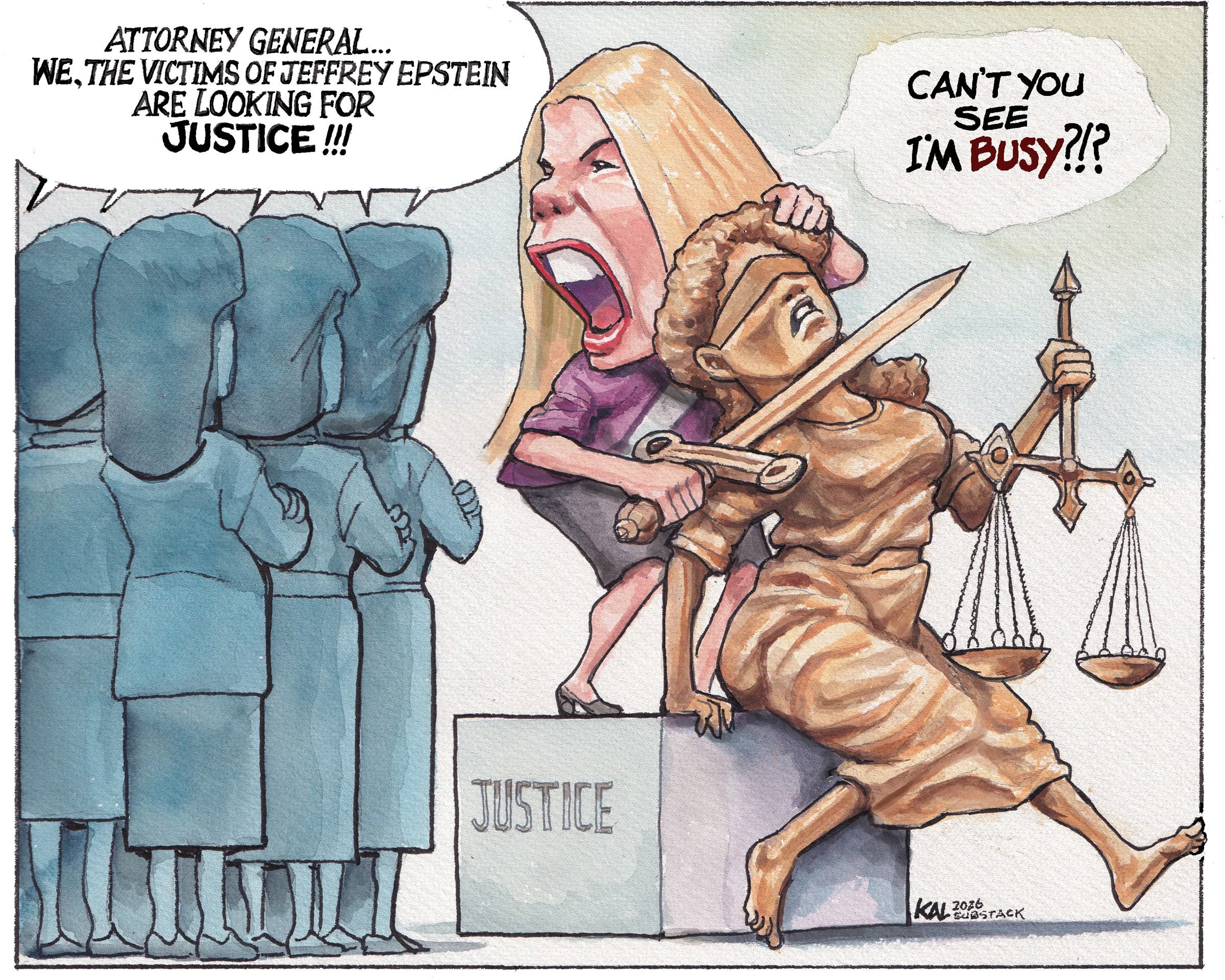 Political cartoon by Kevin Kallaugher, “Bondi Bombast”, 2026-02-16.