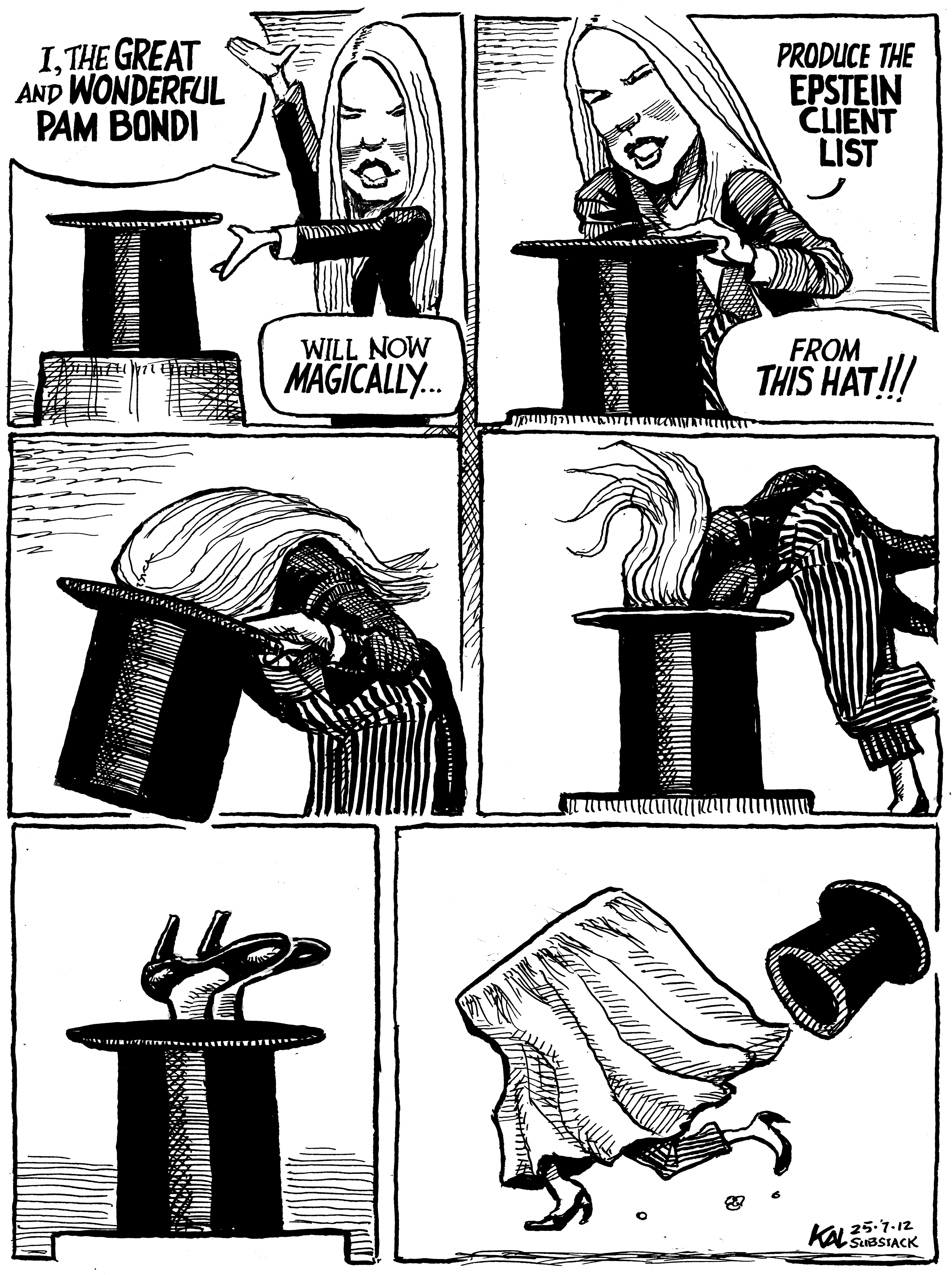Political cartoon by Kevin Kallaugher, “Bondi in a Bind”, 2025-07-13.
