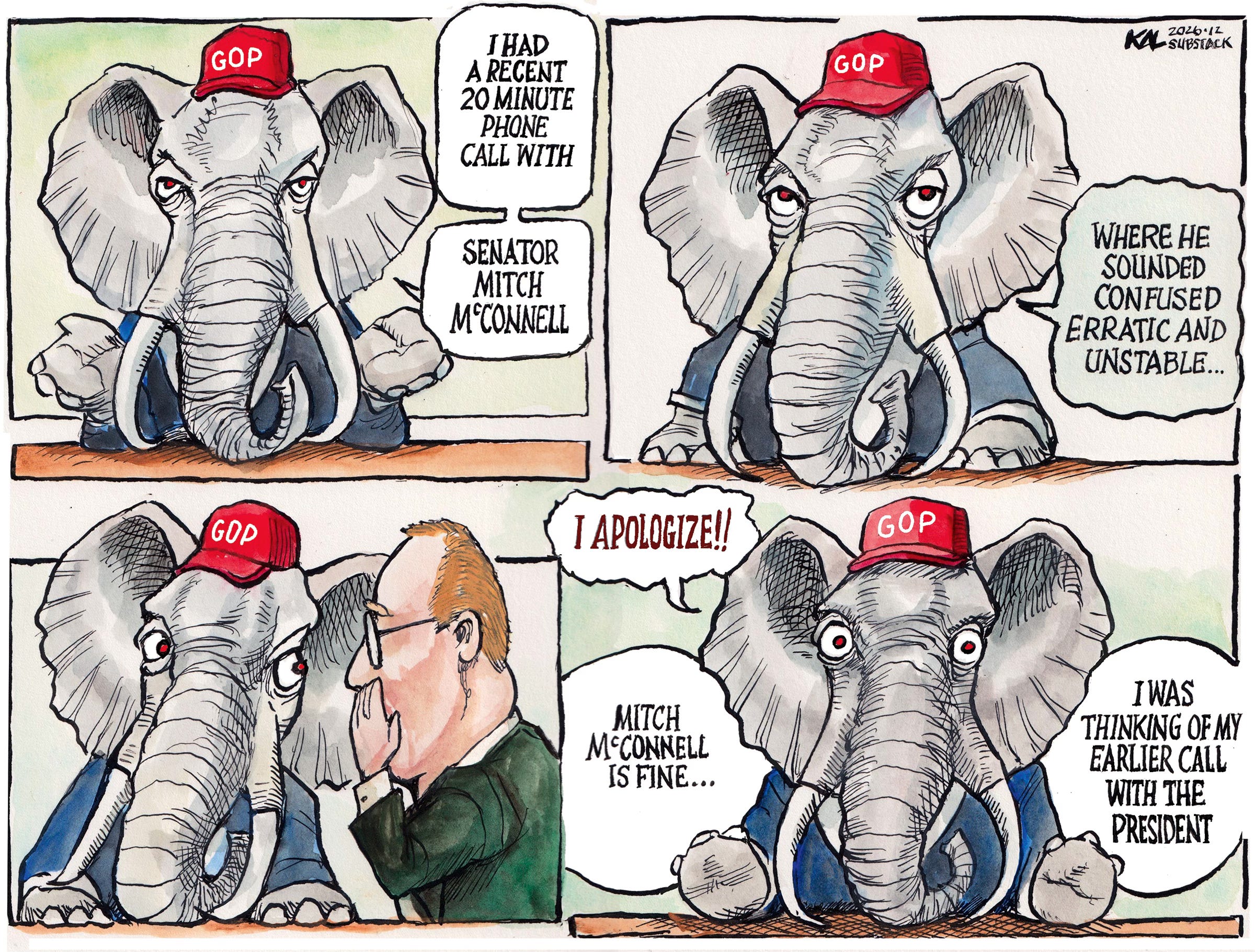 Political cartoon by Kevin Kallaugher, “Calling Mitch!”, 2026-07-12.