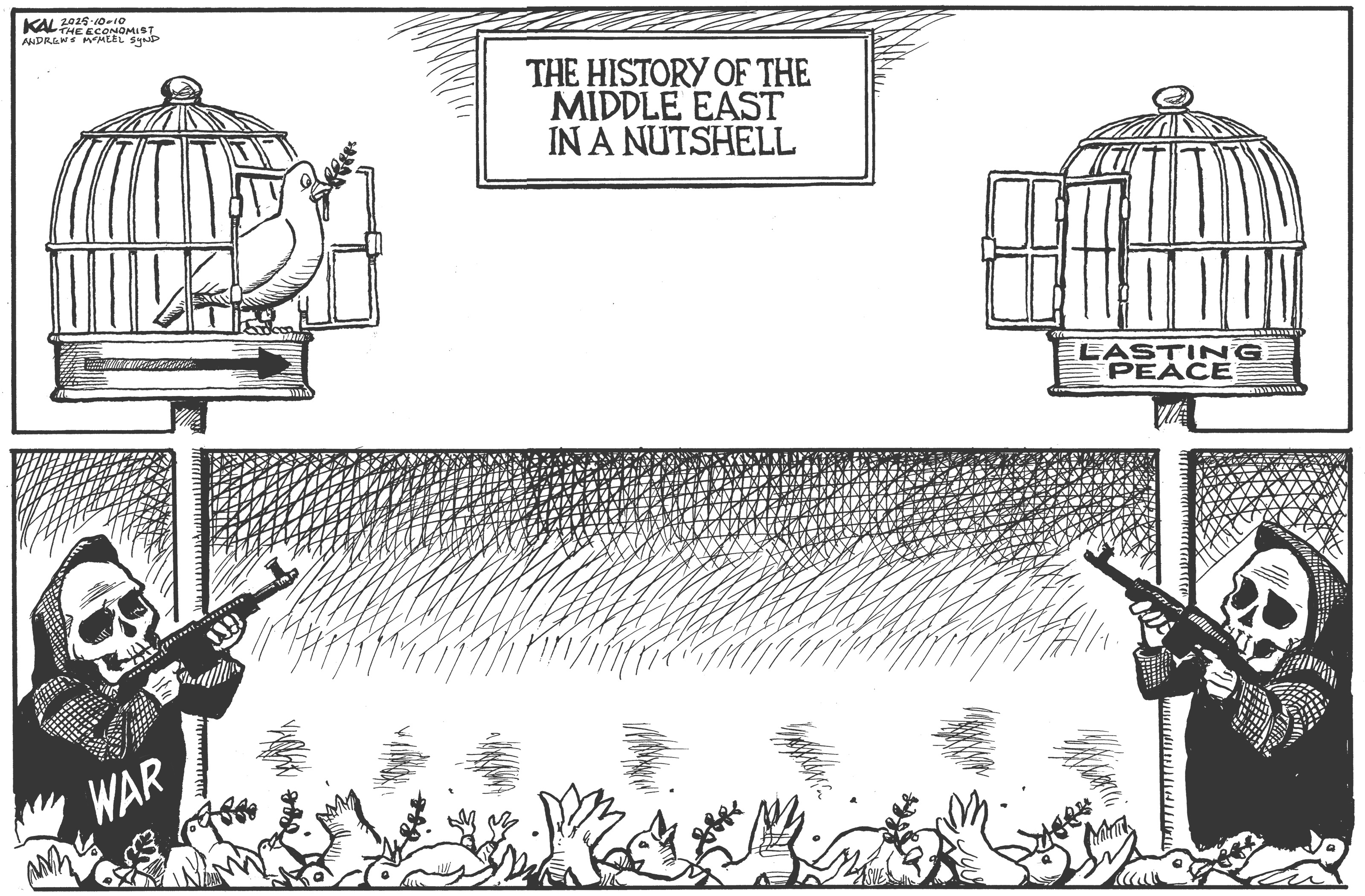 Political cartoon by Kevin Kallaugher, “Don't Break Open The Champagne Just Yet”, 2025-10-10.