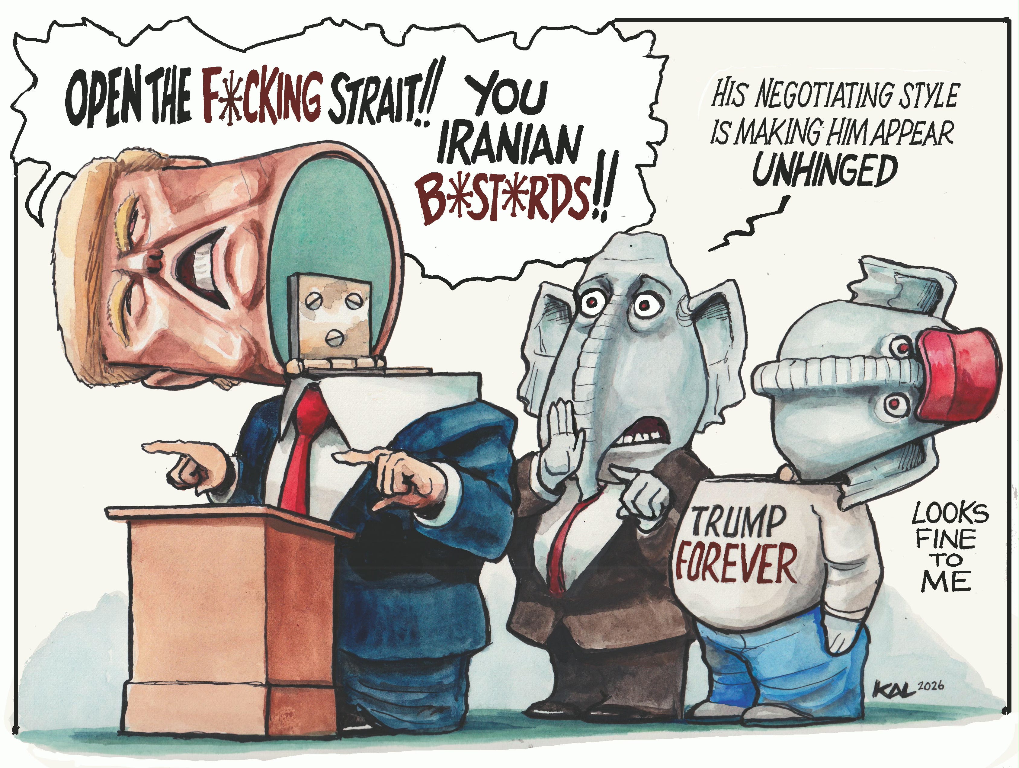 Political cartoon by Kevin Kallaugher, “Dropping F-Bombs in Iran”, 2026-04-11.