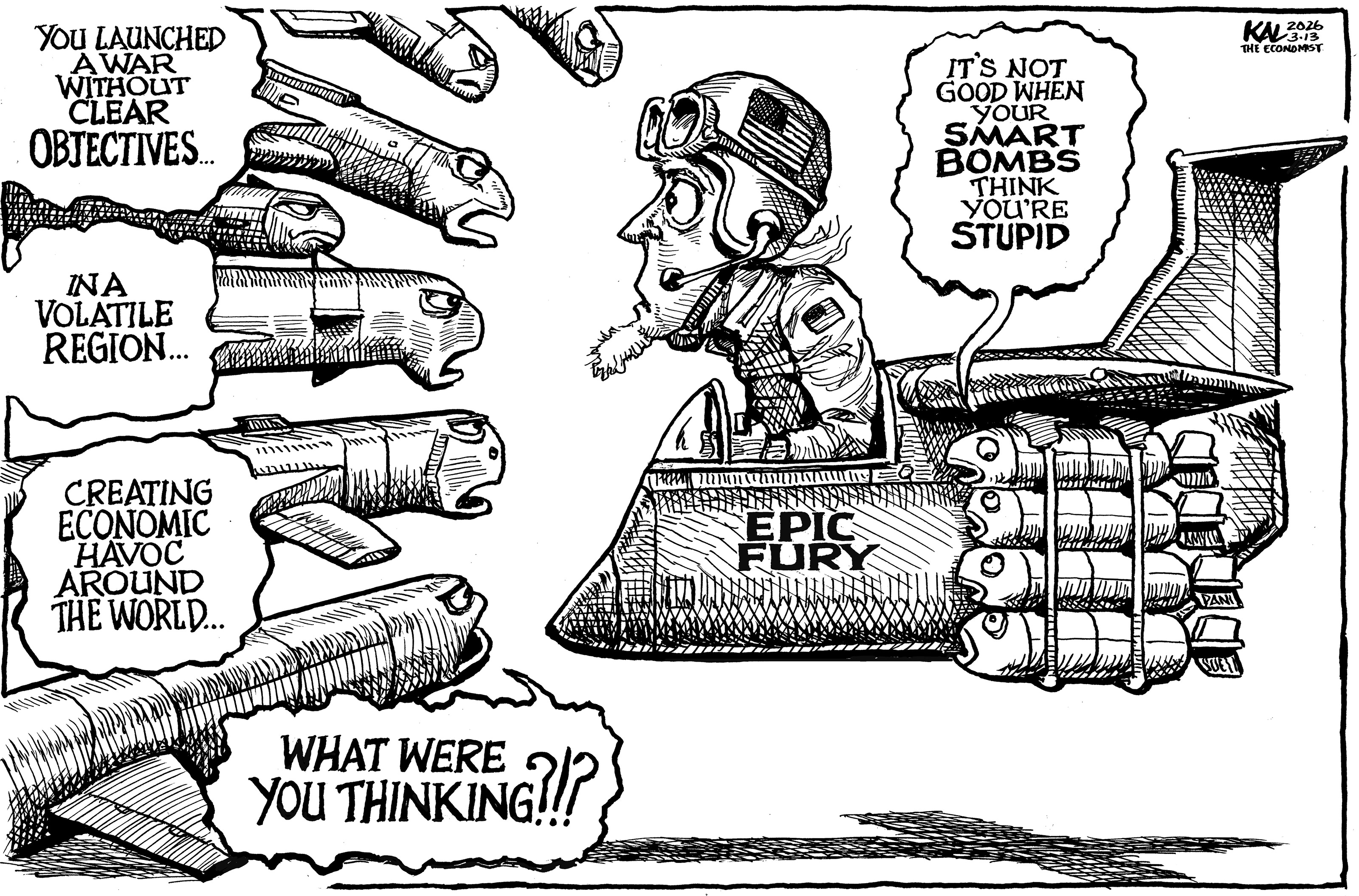Political cartoon by Kevin Kallaugher, “Flying into Trouble plus Friday Funnies #1”, 2026-03-13.