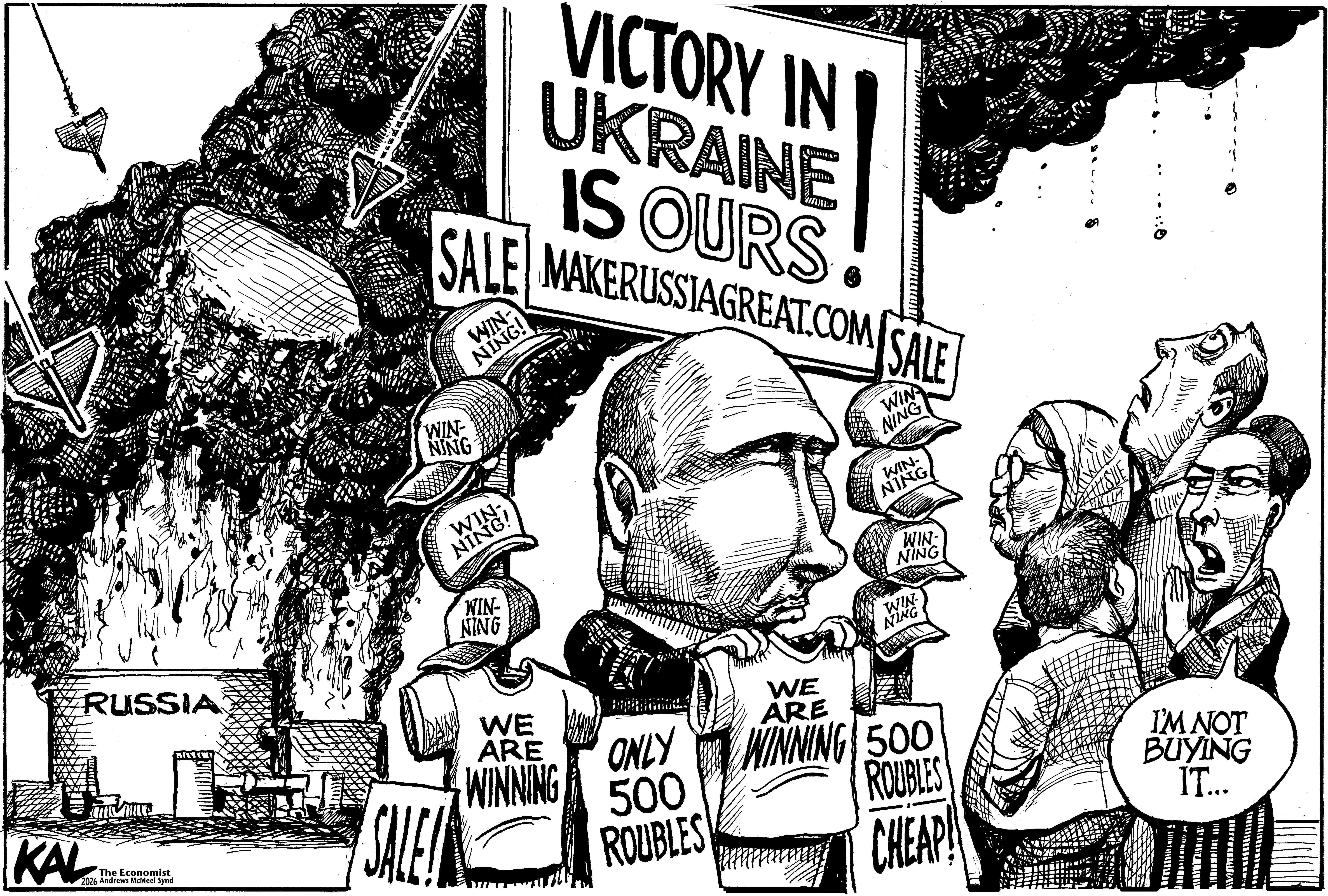 Political cartoon by Kevin Kallaugher, “From The Economist: A Rusty Propaganda Machine”, 2026-06-26.