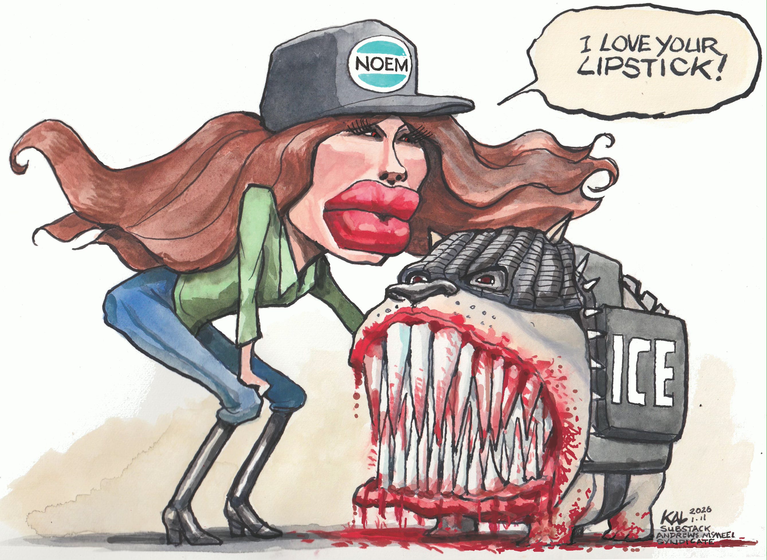 Political cartoon by Kevin Kallaugher, “Ice Cold Kristi Noem”, 2026-01-11.