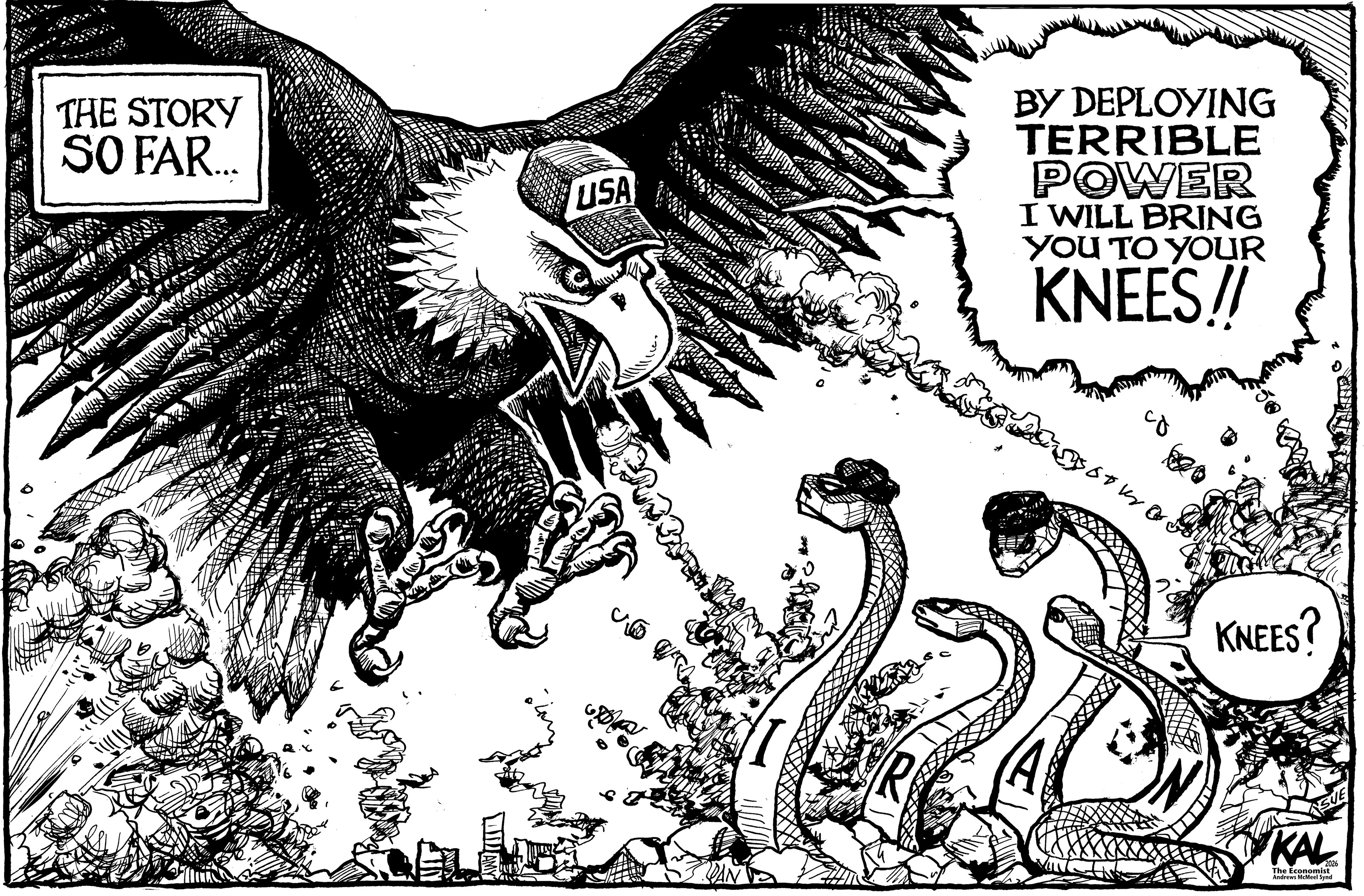 Political cartoon by Kevin Kallaugher, “Loud Snake, Quiet Snake!”, 2026-04-26.