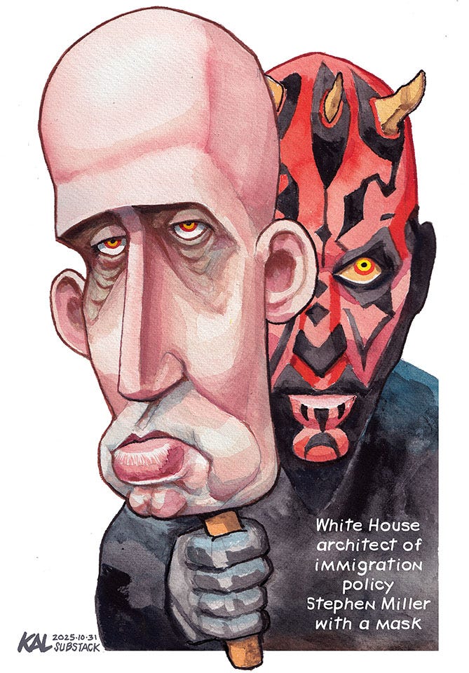 Political cartoon by Kevin Kallaugher, “Man behind The Mask”, 2025-11-01.