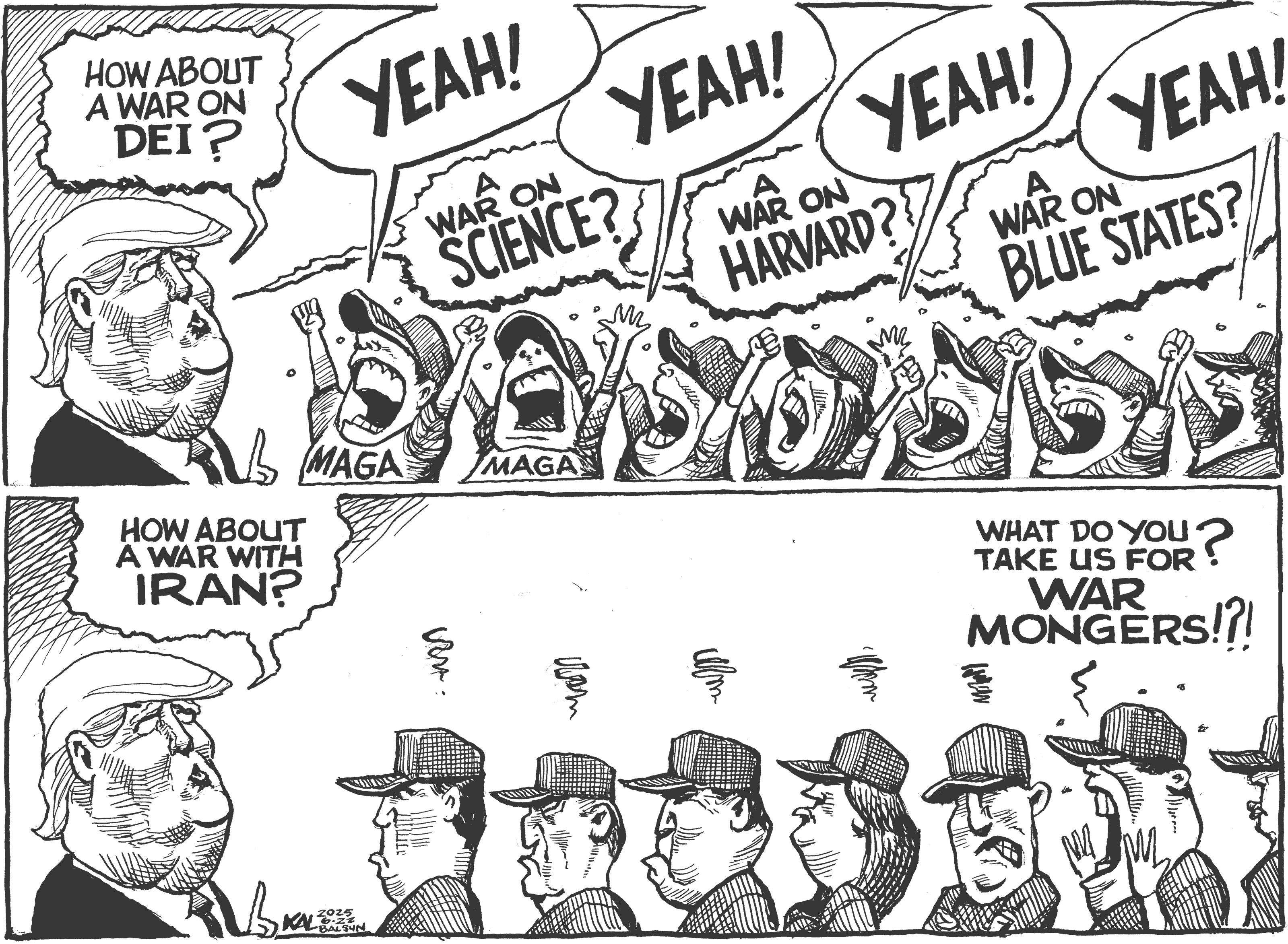 Political cartoon by Kevin Kallaugher, “Miserable MAGA”, 2025-06-23.
