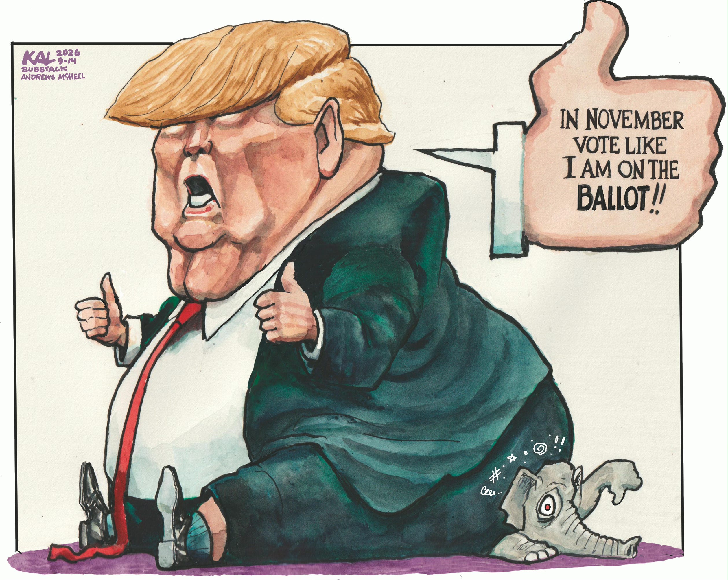 Political cartoon by Kevin Kallaugher, “Pretend that I am Popular!”, 2026-09-14.