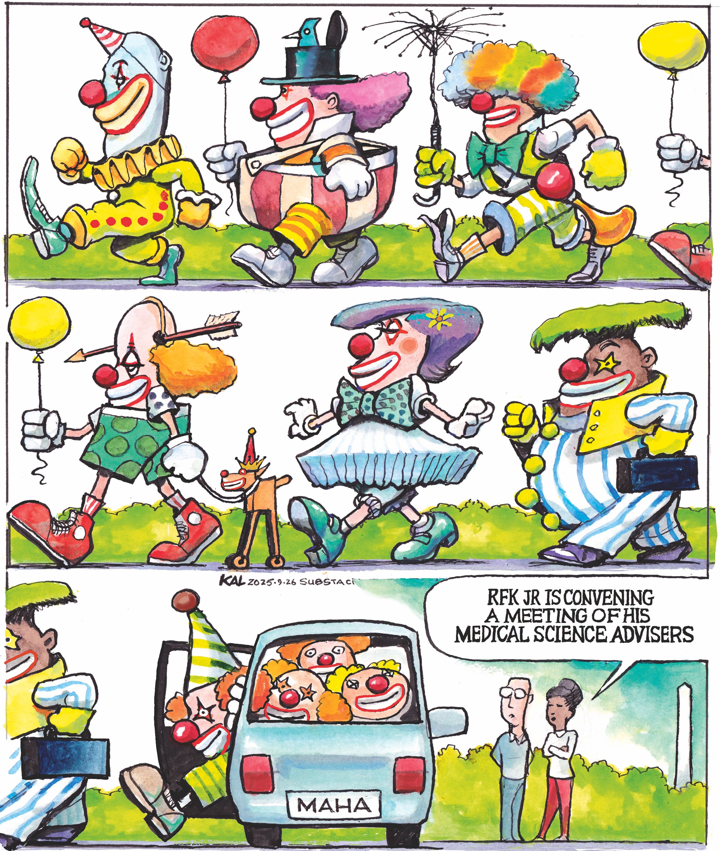 Political cartoon by Kevin Kallaugher, “Send in the Clowns”, 2025-09-27.