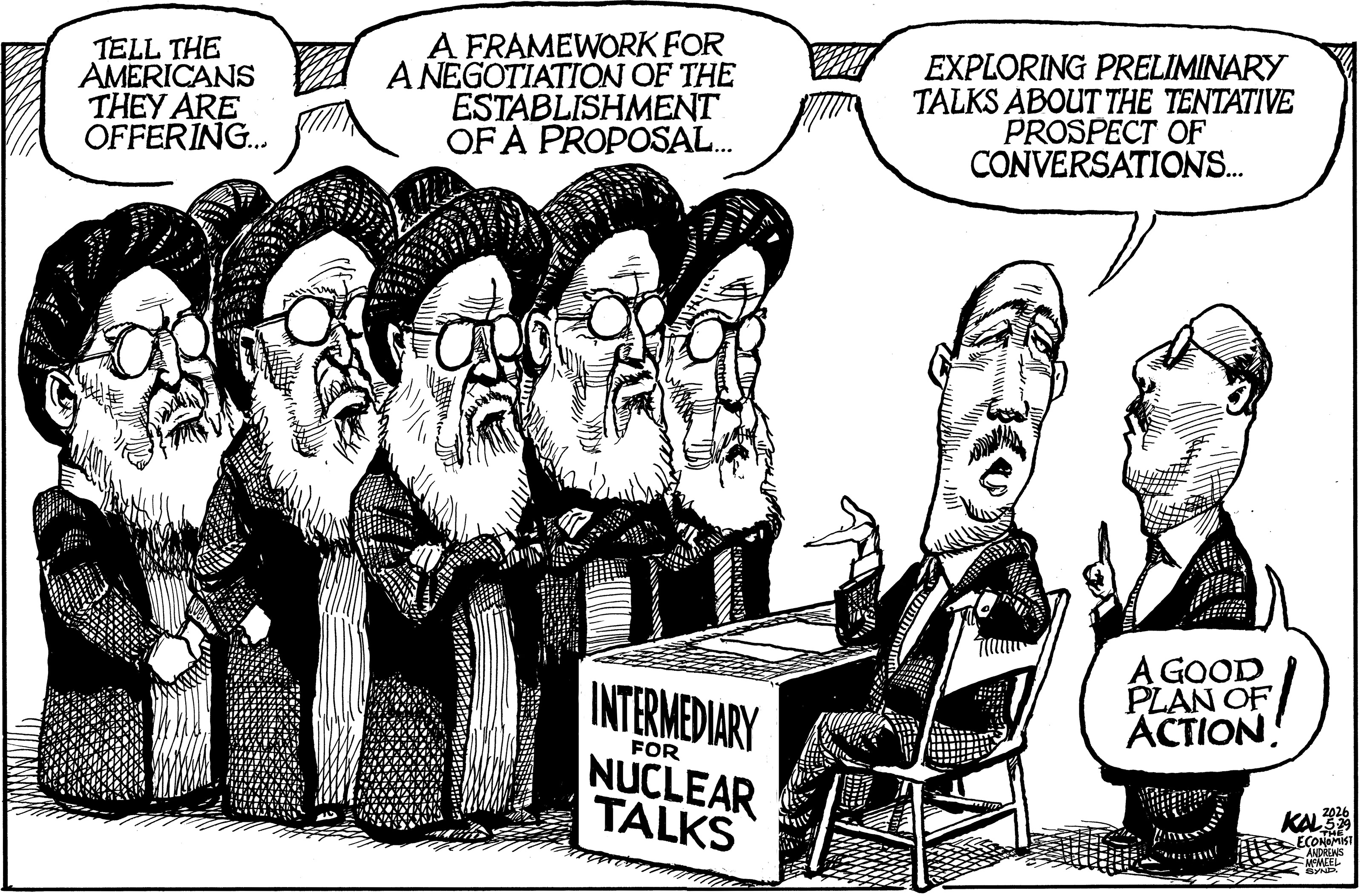 Political cartoon by Kevin Kallaugher, “Talking About Talks”, 2026-05-29.