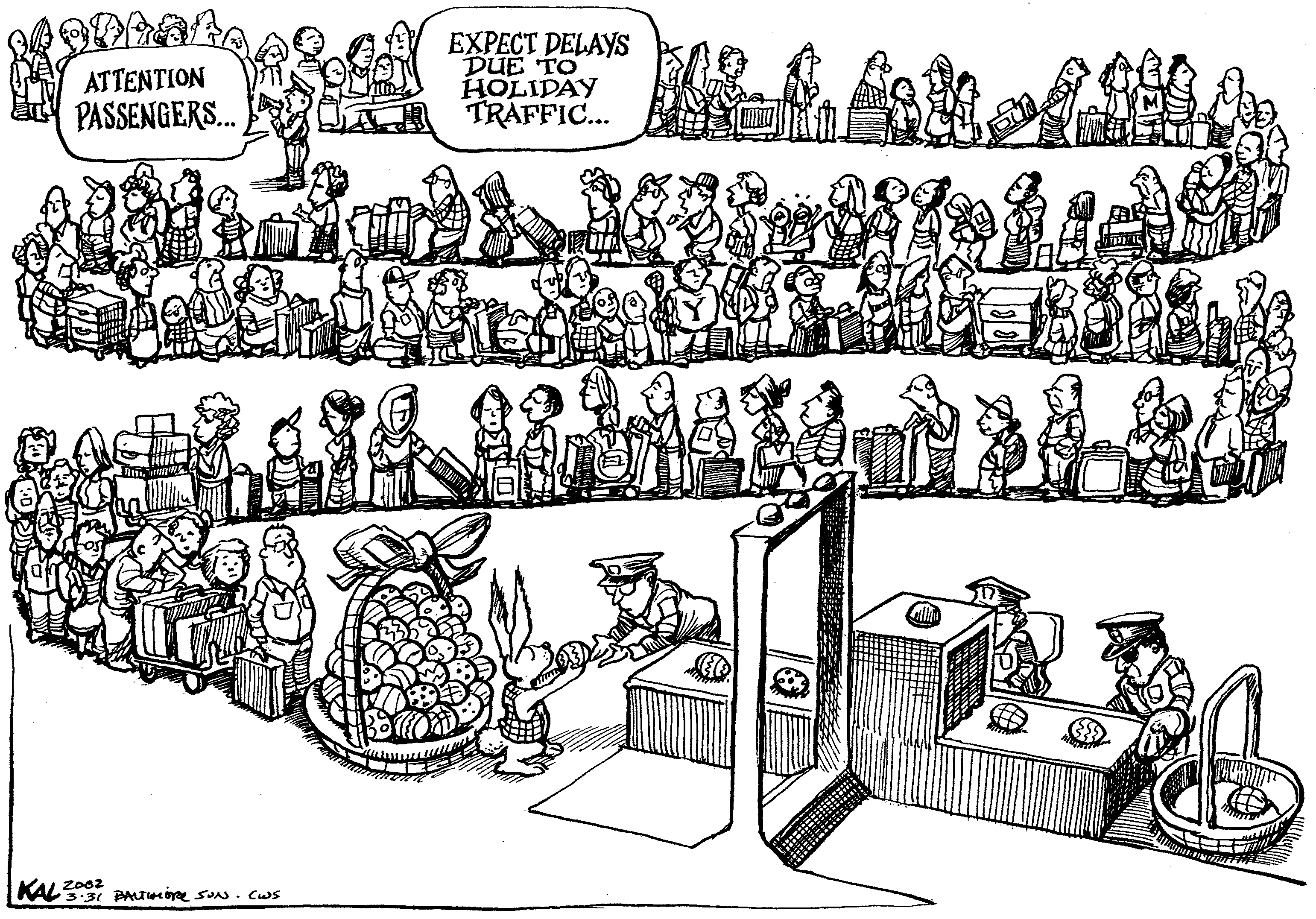 Political cartoon by Kevin Kallaugher, “The Easter Bunny meets Snip The Scorpion”, 2026-04-03.