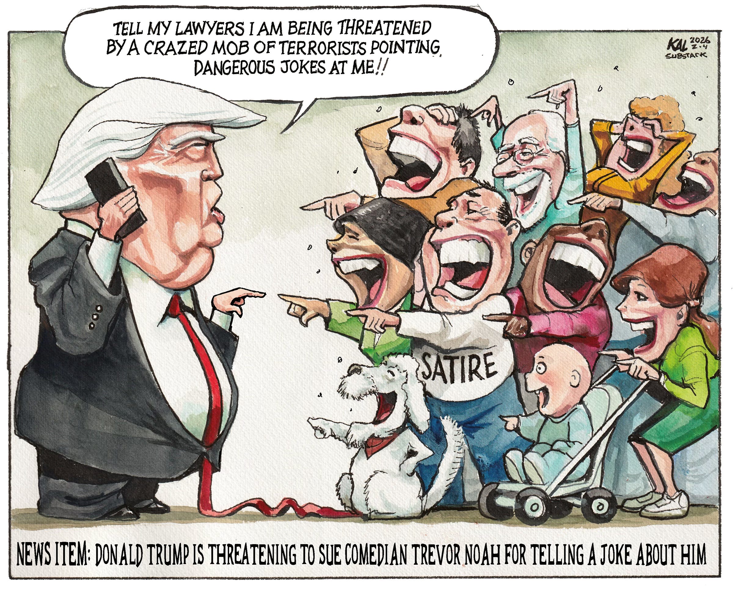 Political cartoon by Kevin Kallaugher, “Trump's Joke and How My Name got into The Epstein Files”, 2026-02-04.