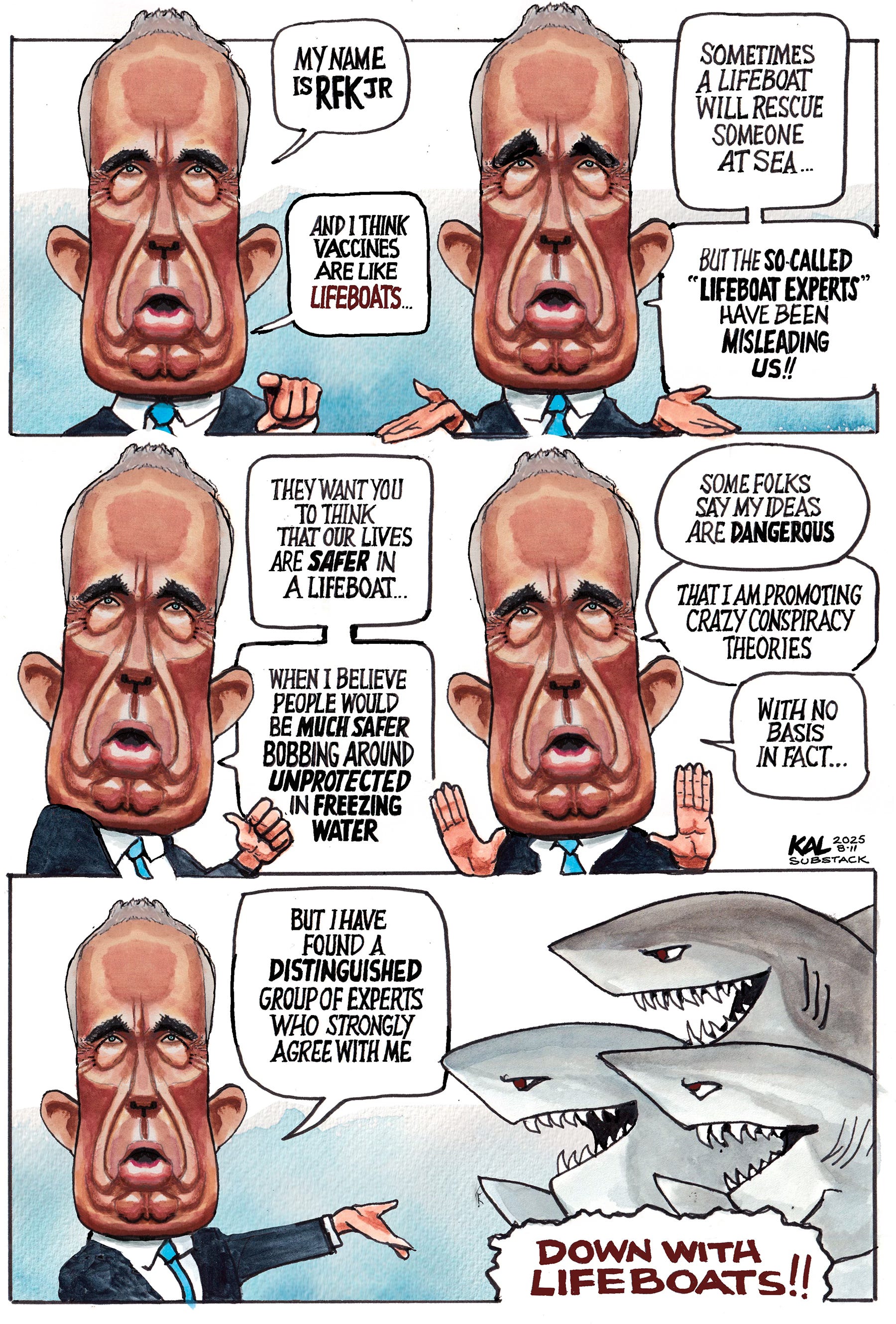 Political cartoon by Kevin Kallaugher, “Vaccination Hallucination”, 2025-08-11.