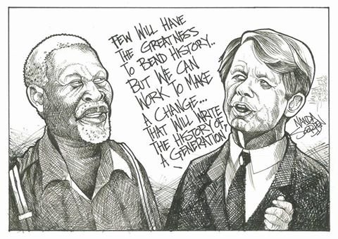 Political cartoon by Nanda Soobben, “Albert Luthuli and Robert Kennedy”, 2016-05-31.
