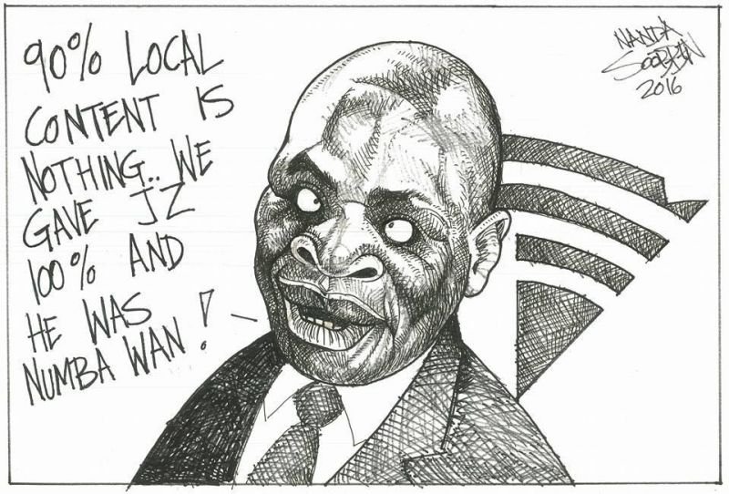 Political cartoon by Nanda Soobben, “Hlaudi”, 2016-05-16.