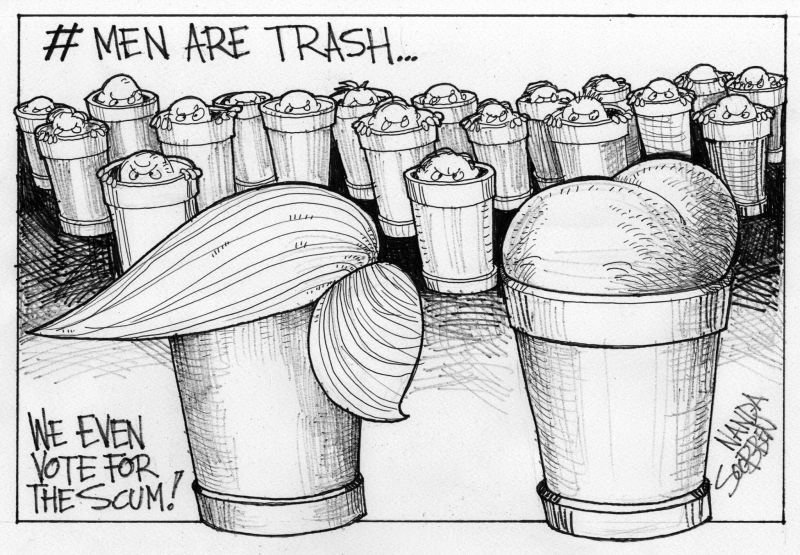 Political cartoon by Nanda Soobben, “#MenAreTrash”, 2017-05-15.