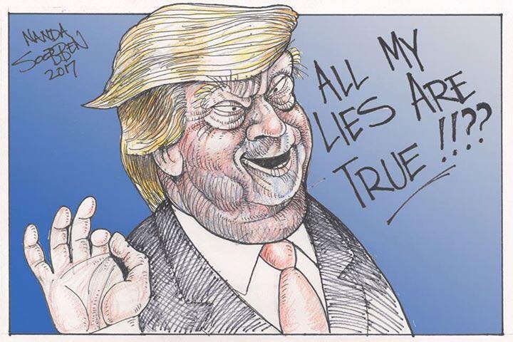 Political cartoon by Nanda Soobben, “Trump qualifies his falsehoods in this take”, 2017-03-17.