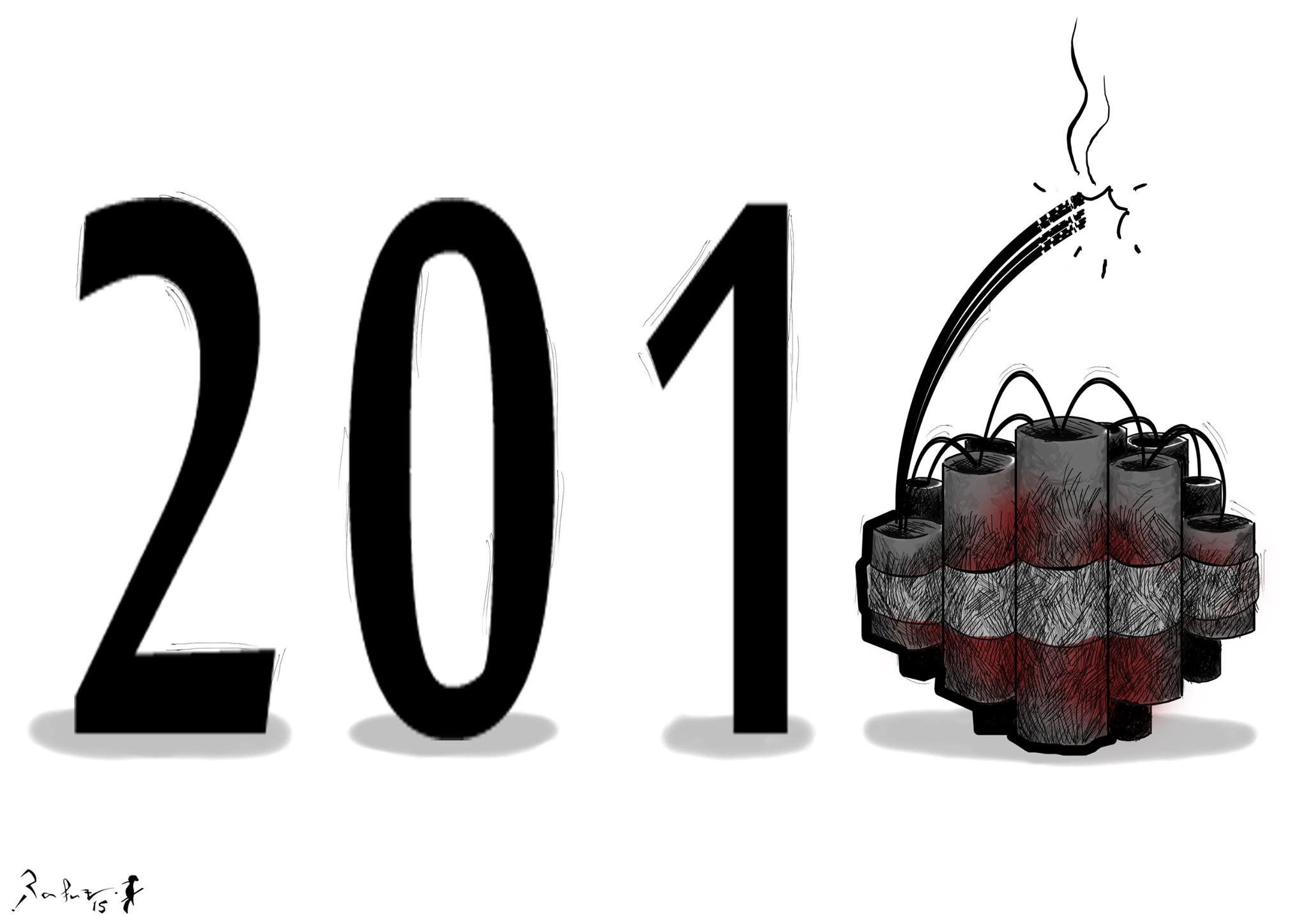 Political cartoon by Rafat Alkhatib, “2016 New Year”, 31 December 2015.