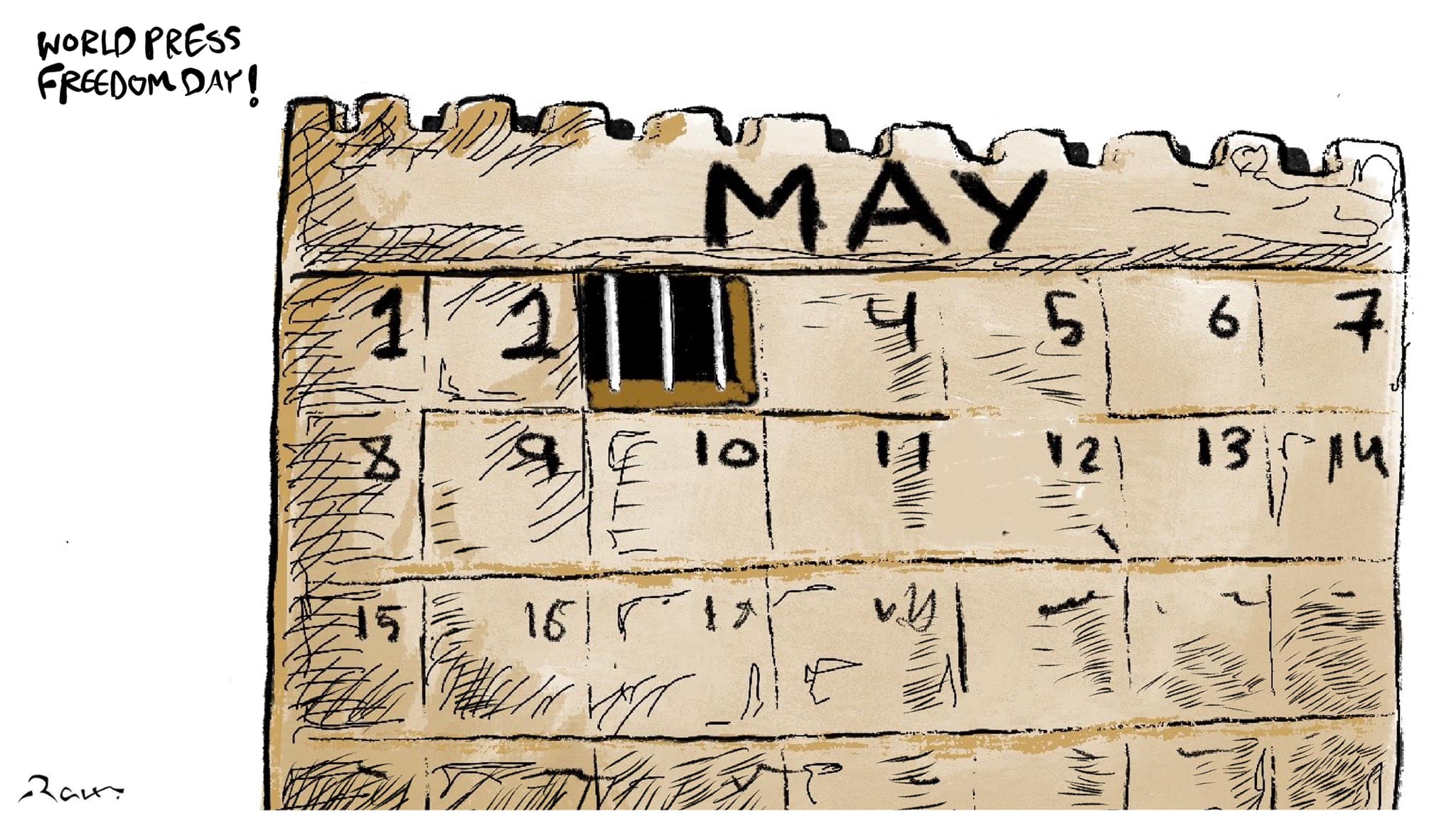 Political cartoon by Rafat Alkhatib, “A day of freedom”, 3 May 2022.